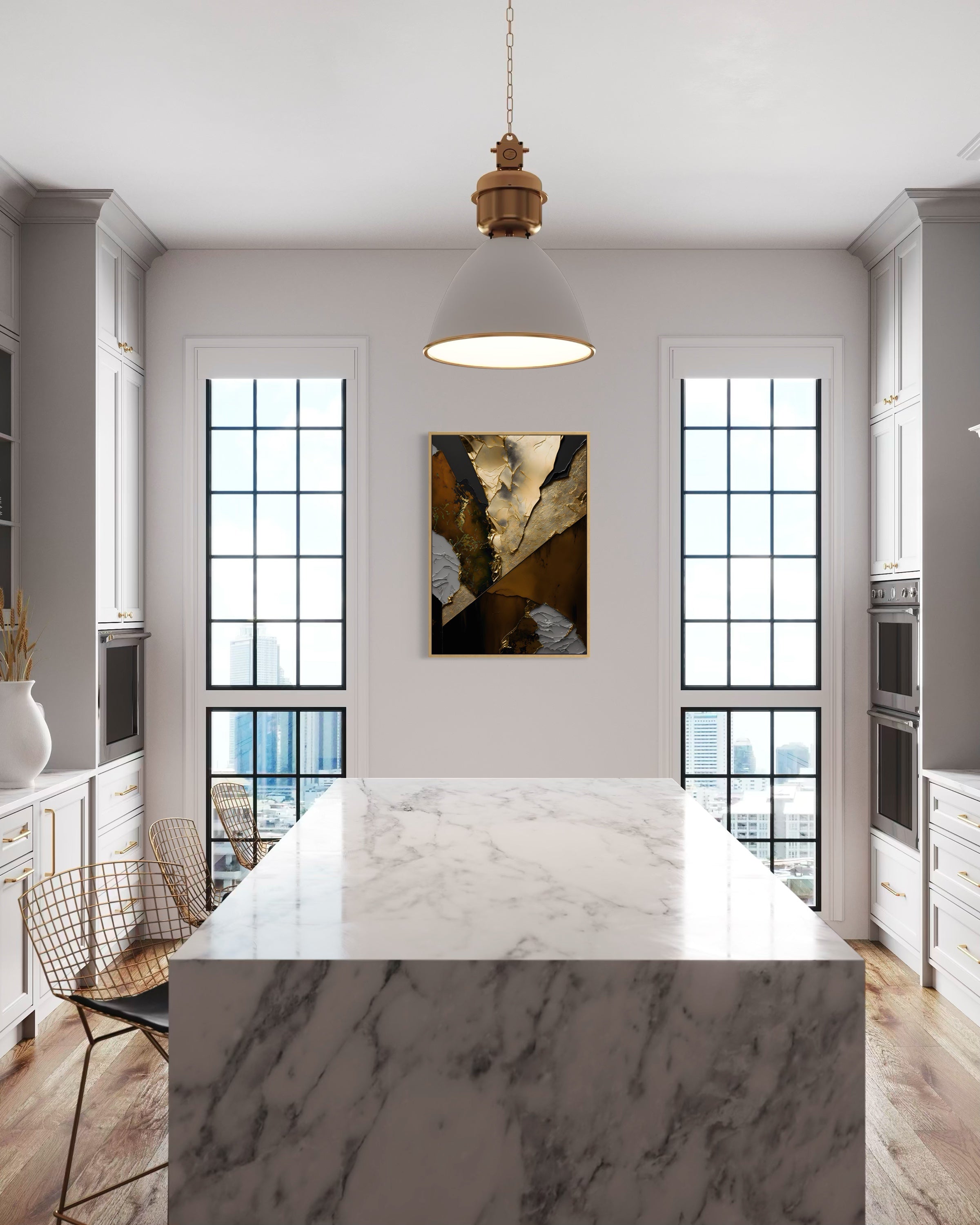 Quadro astratto con dettagli oro e beige, cornice nera