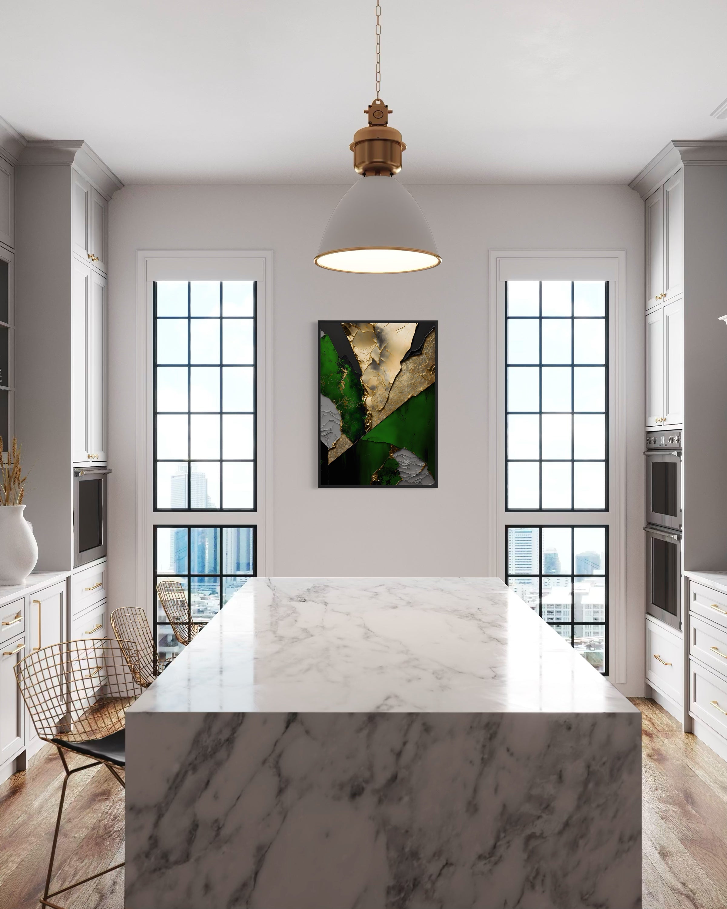 Quadro astratto con dettagli verde e oro, cornice nera
