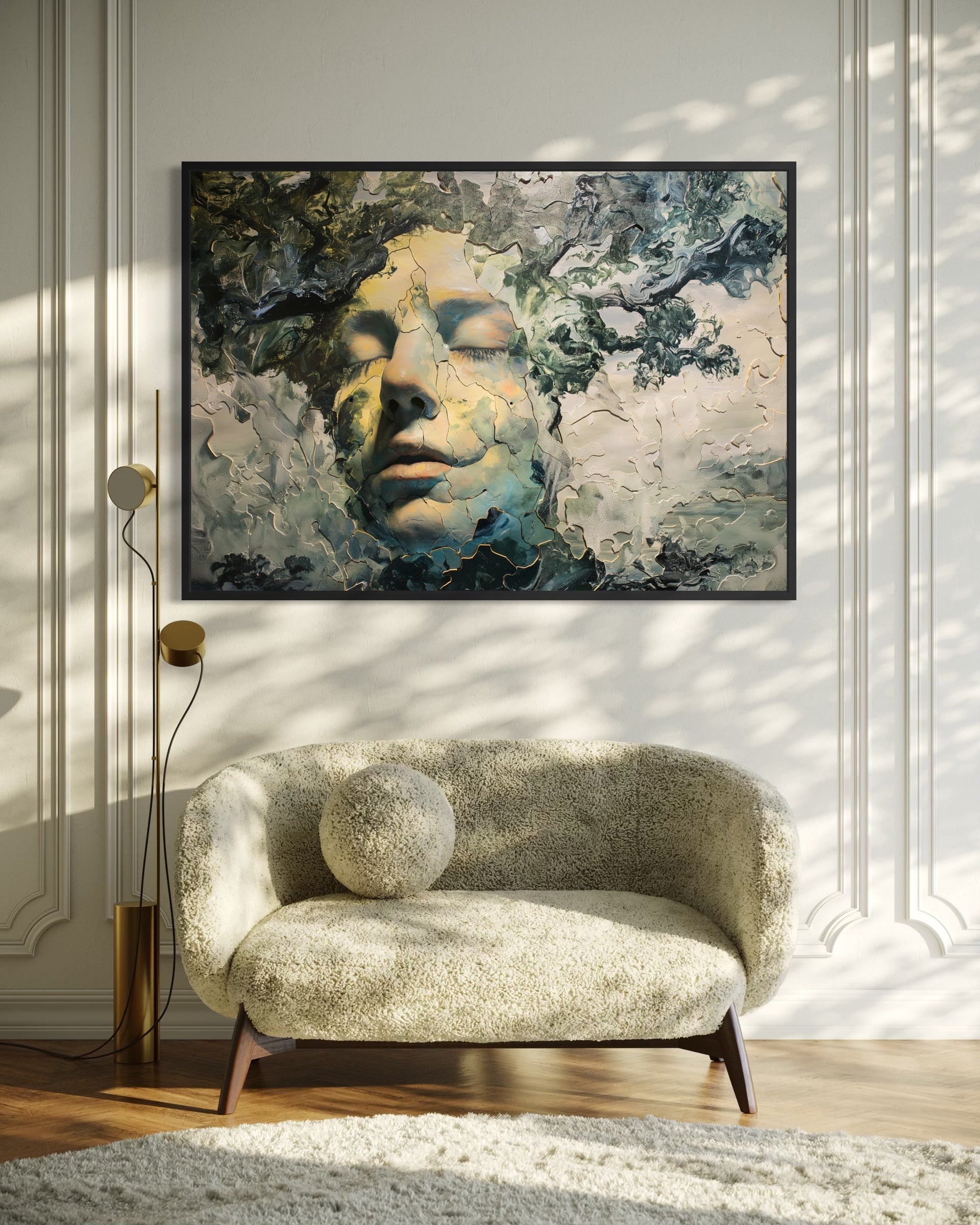 Anima Frammentata, quadro astratto con volto in toni verdi e azzurri e cornice nera