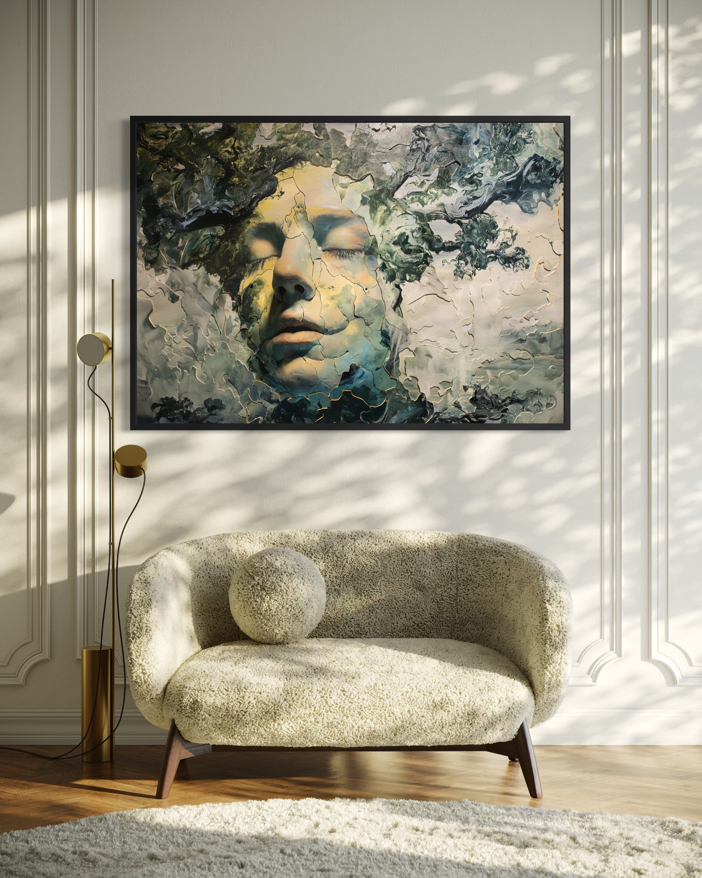Anima Frammentata, quadro astratto con volto in toni verdi e azzurri e cornice nera