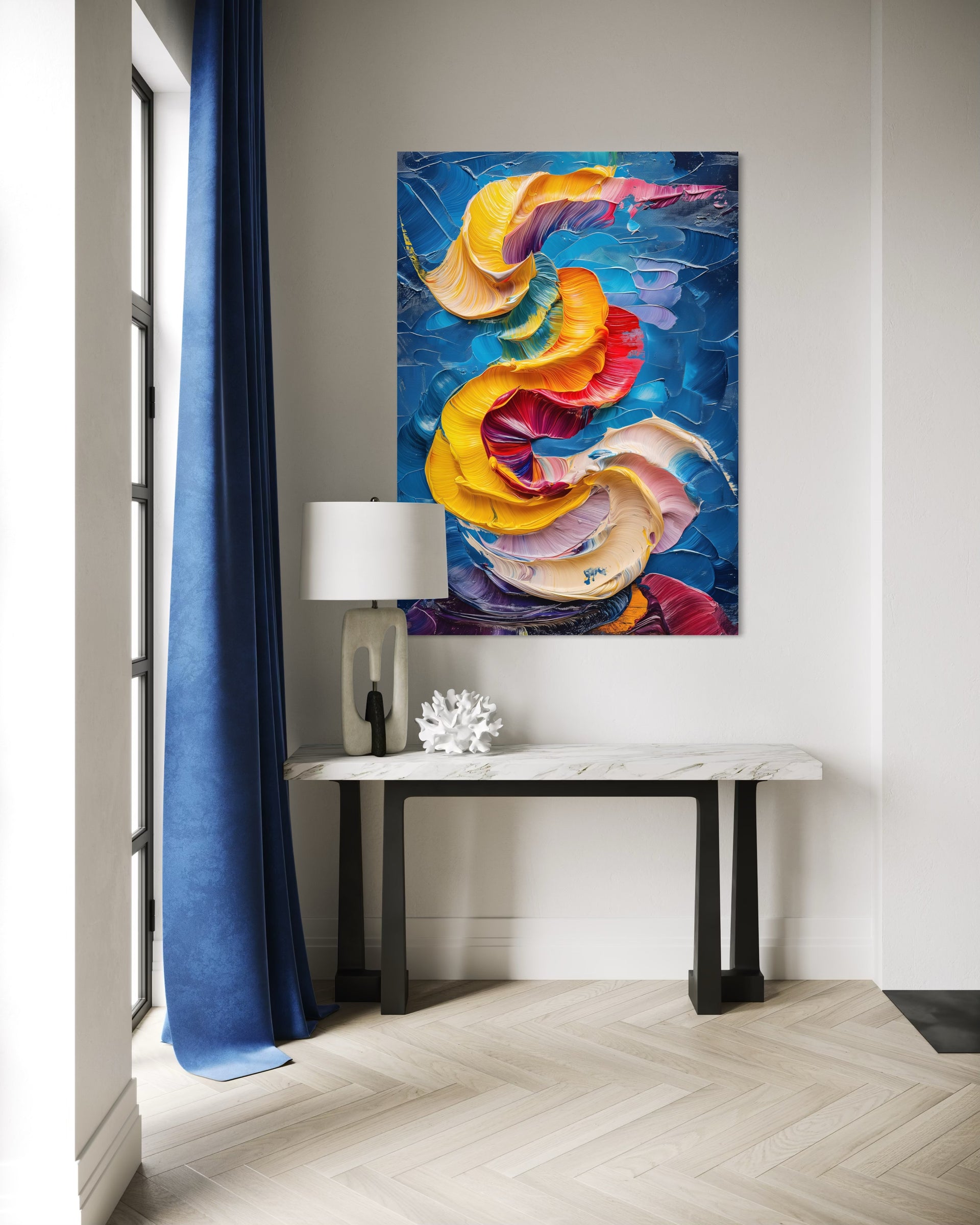 Vortice Cromatico con telaio nero, stampa astratta blu e giallo-arancio