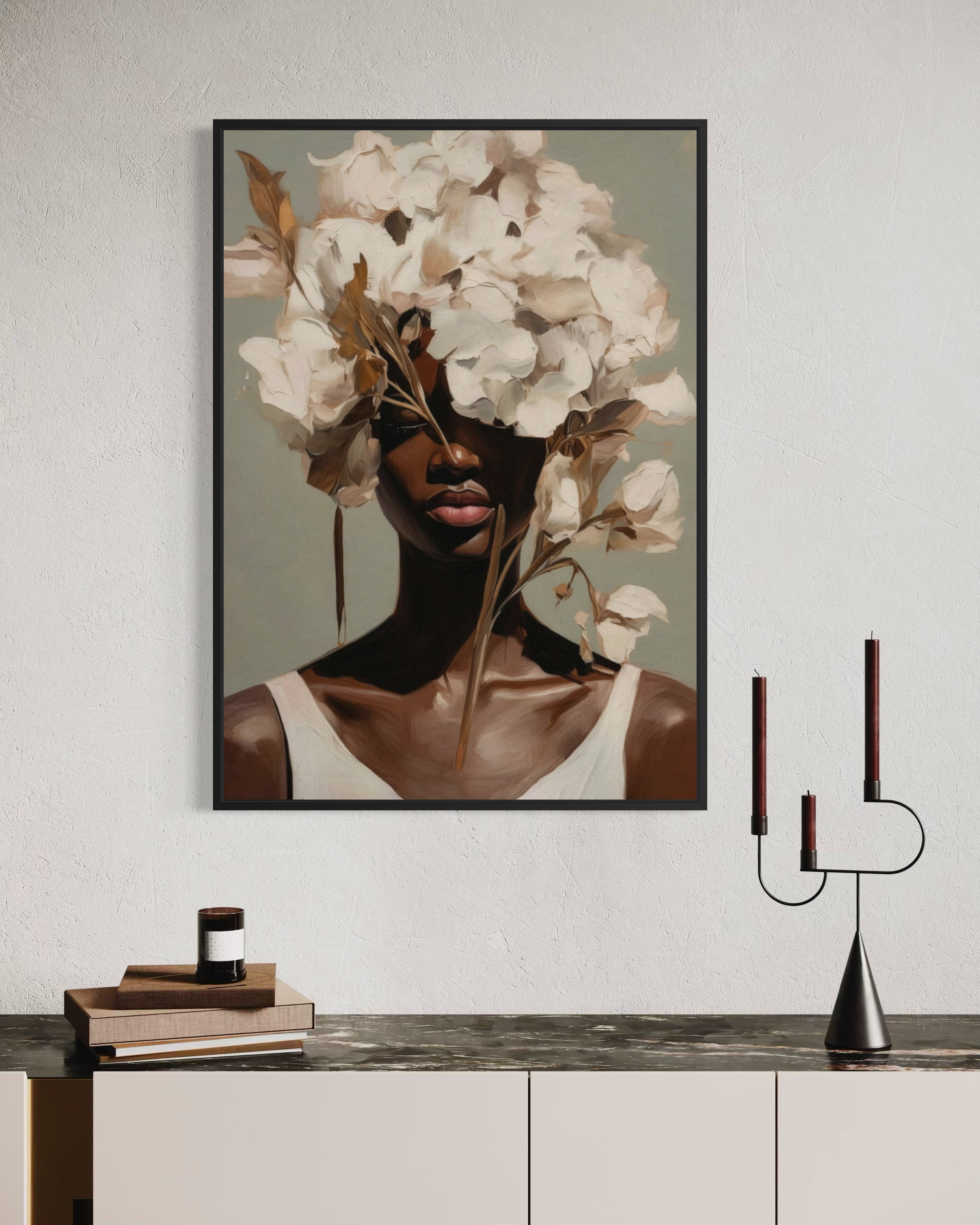 Stampa incorniciata con volto femminile e fiori bianchi con rami color bronzo