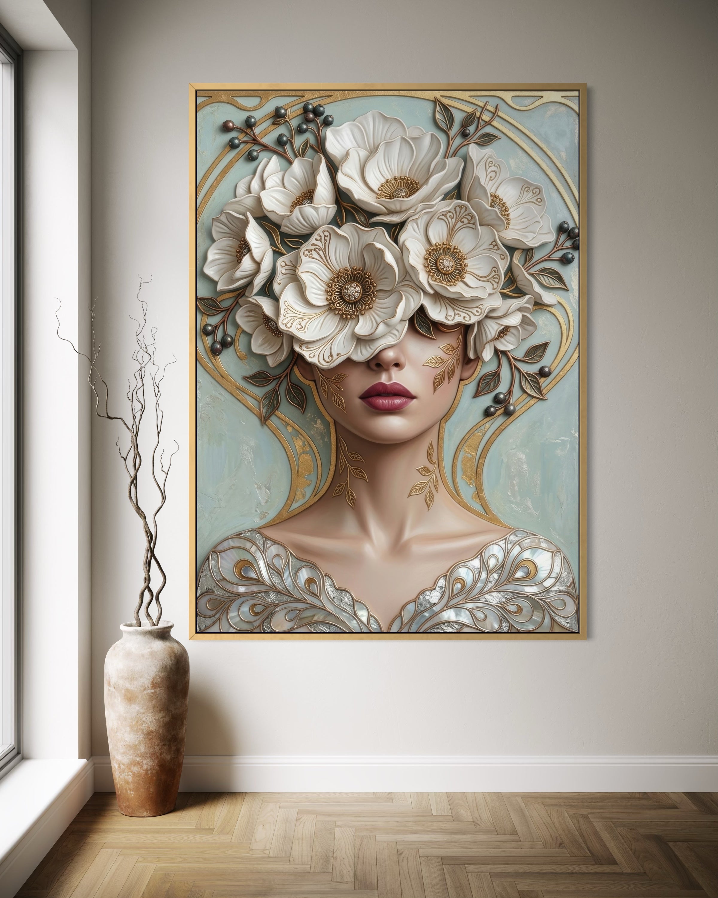 Fior di Perla con telaio oro, volto e fiori bianchi in cornice dorata.