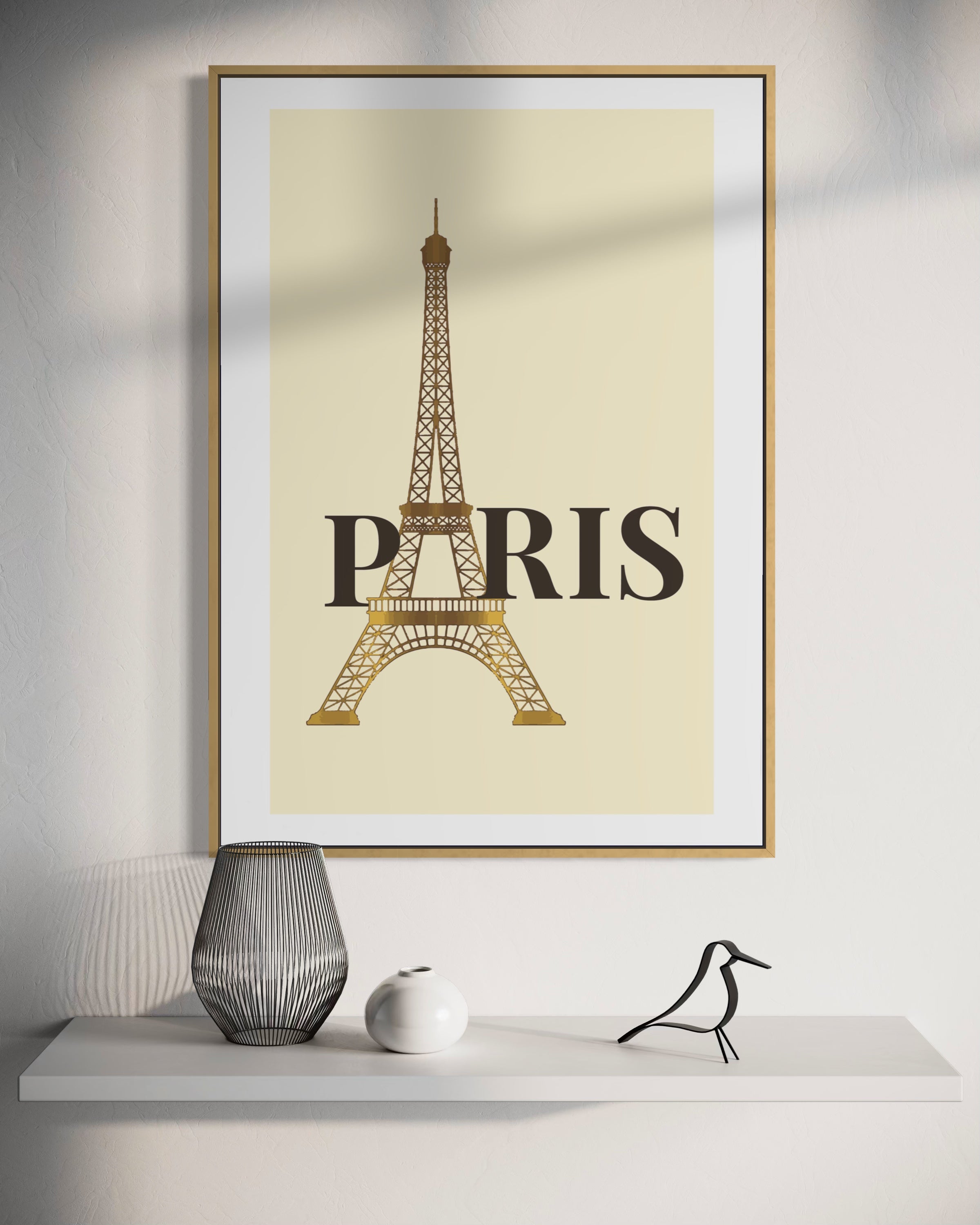 Stampa Eiffel d'Oro con cornice telaio Oro e sfondo avorio, scritta PARIS