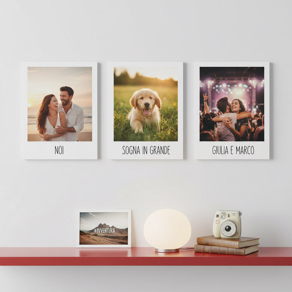 Set di 3 quadretti con foto: coppia, cane, altra coppia con testo.