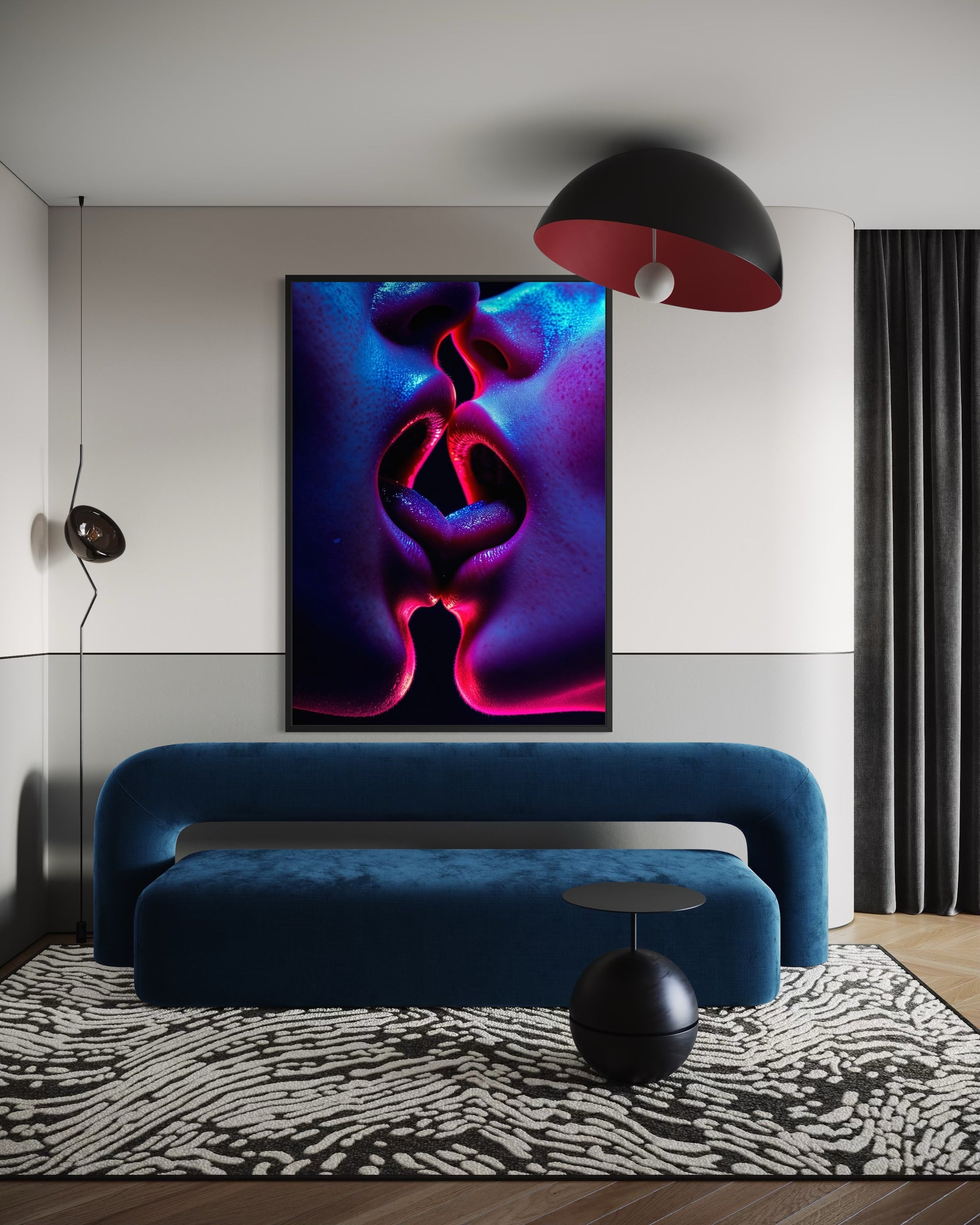 Quadro Neon Pulse con grafica astratta neon viola e rosa in cornice nera