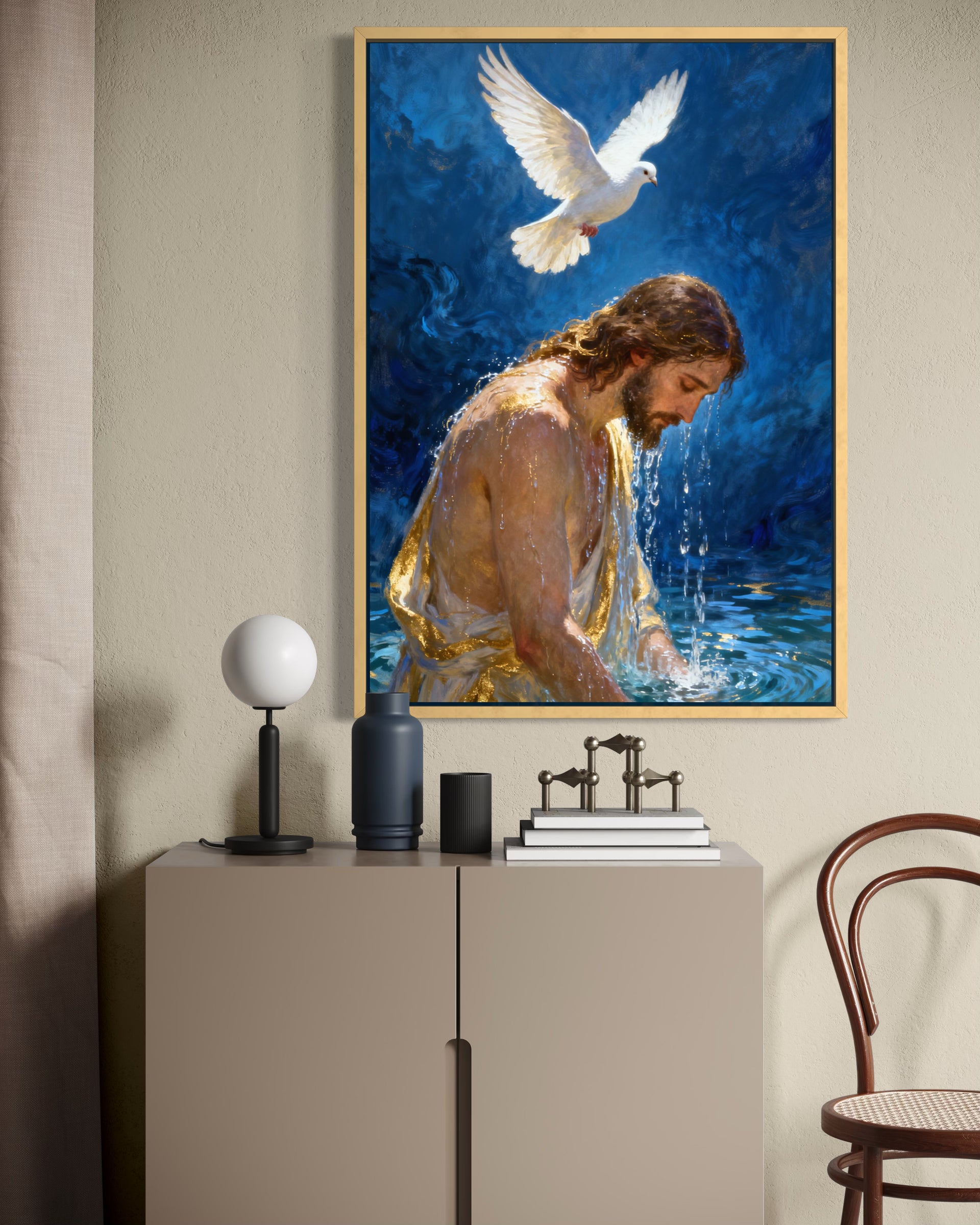 Perdonaci, quadro con cornice oro: colomba bianca e figura femminile su sfondo blu