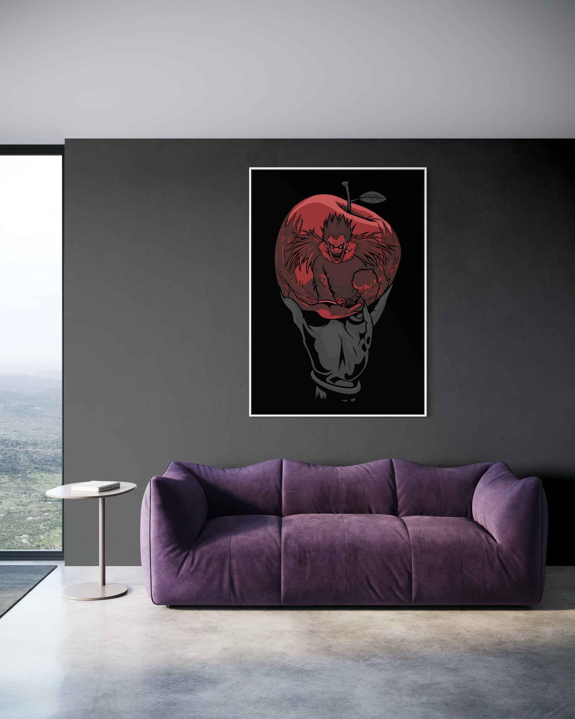 Apple shinigami con cornice bianca, illustrazione rosso scuro e nero