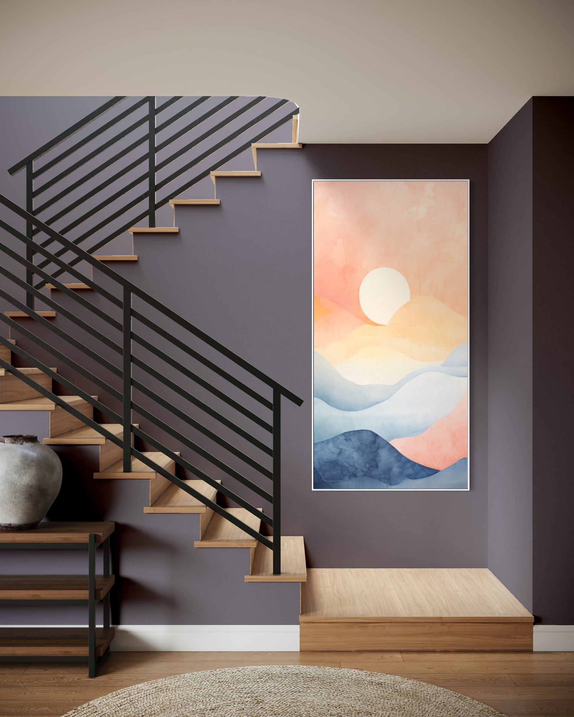Home design panorama con cornice chiara e illustrazione astratta in toni pastello