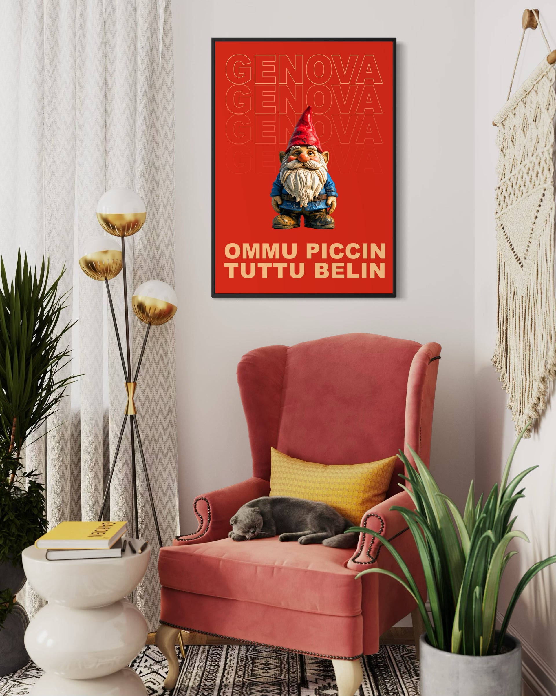 Stampa “Genova style” con cornice nera e illustrazione rossa, testo Genova