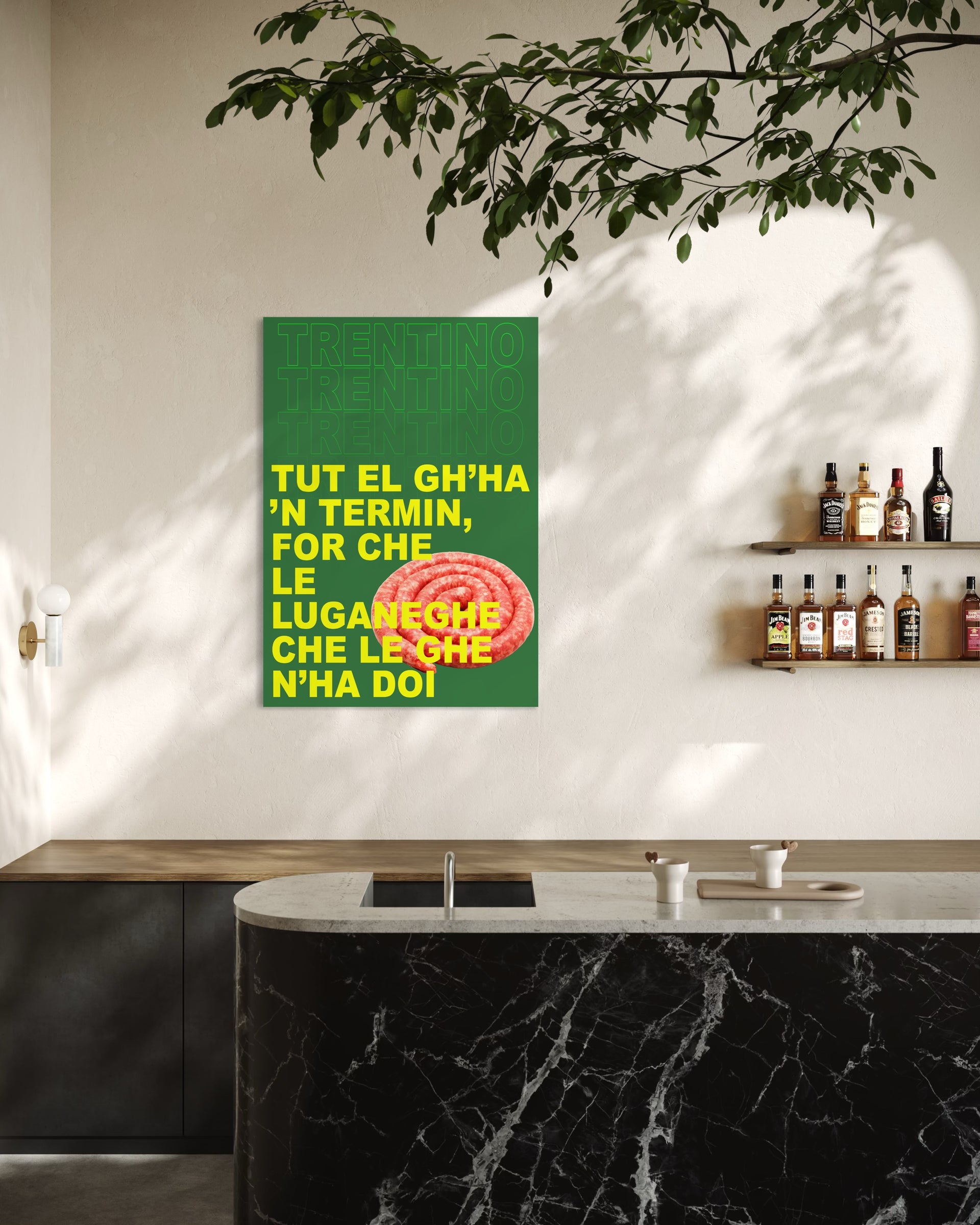 Trentino style: stampa con cornice verde e testo giallo su sfondo verde