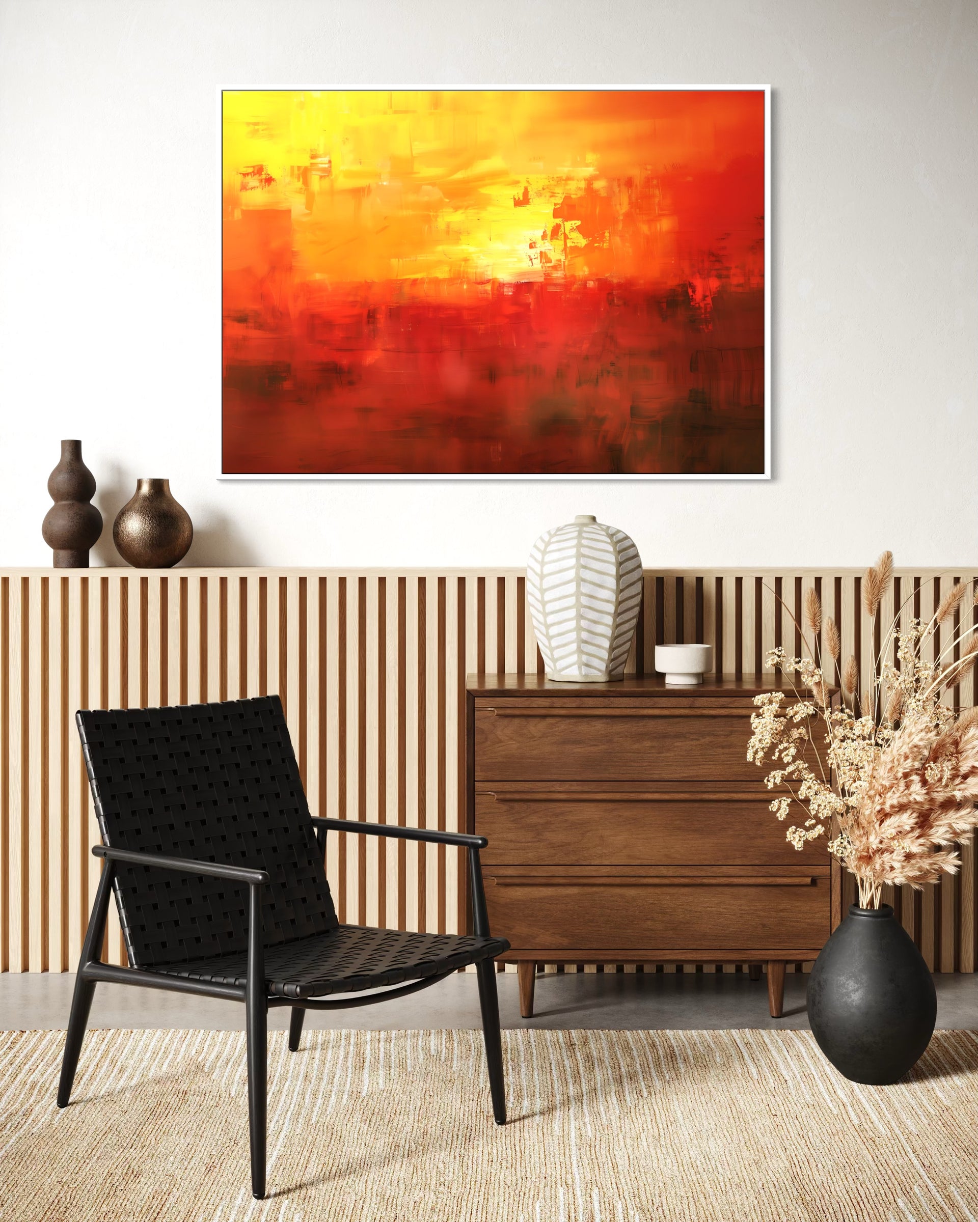 Anima di Fuoco, telaio nero: quadro astratto arancio-rosso.