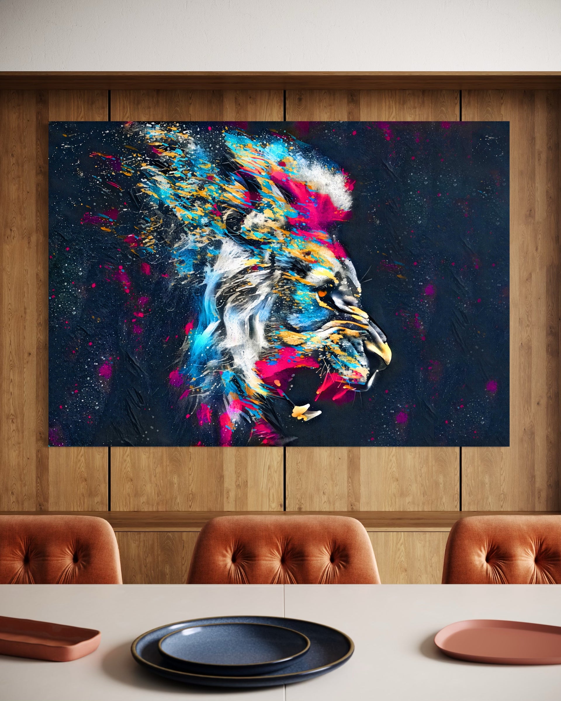 The Chromatic Lion wall art: colorful lion head with splatter effect on dark background
