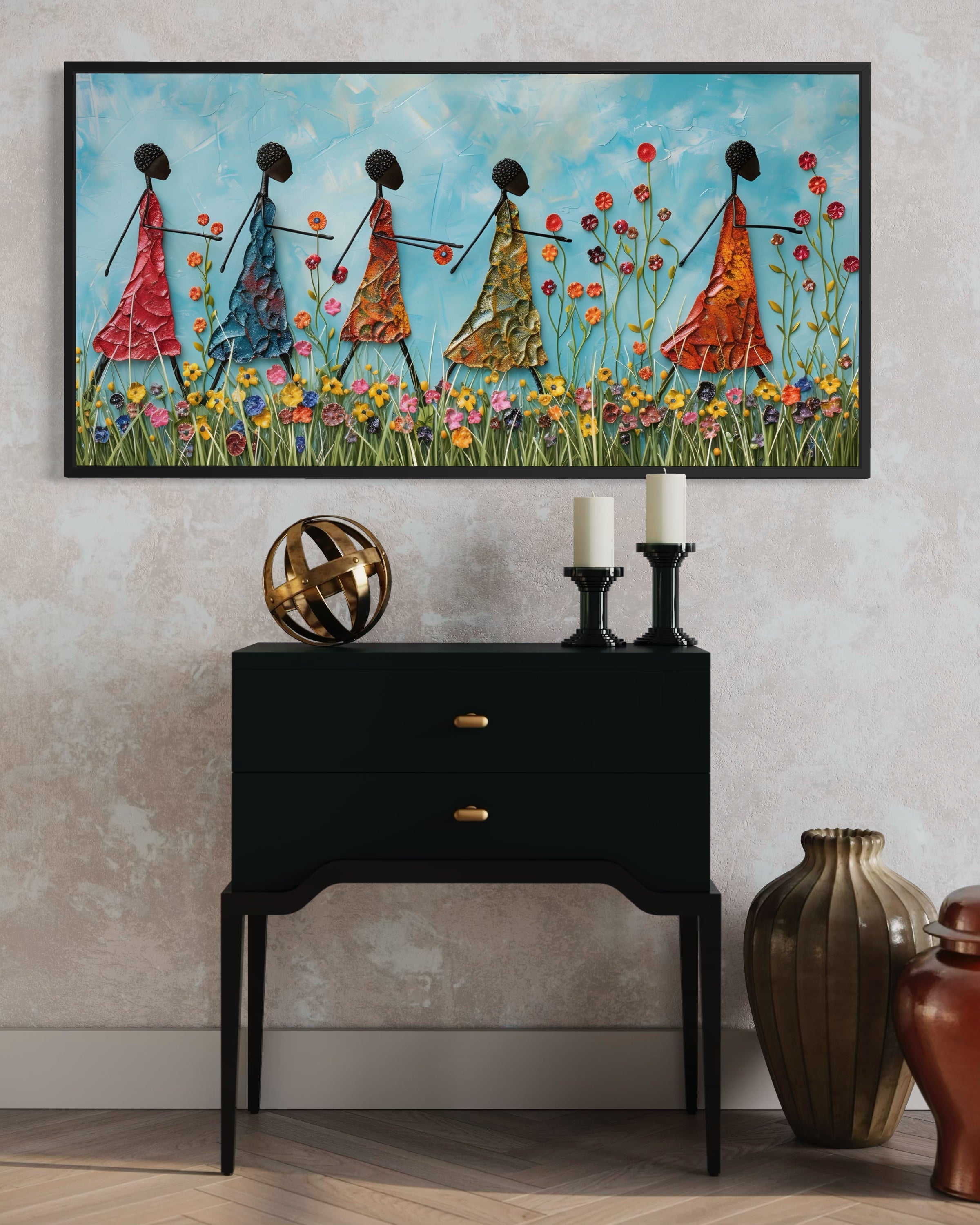 Gioia africana con cornice nera e illustrazione floreale colorata