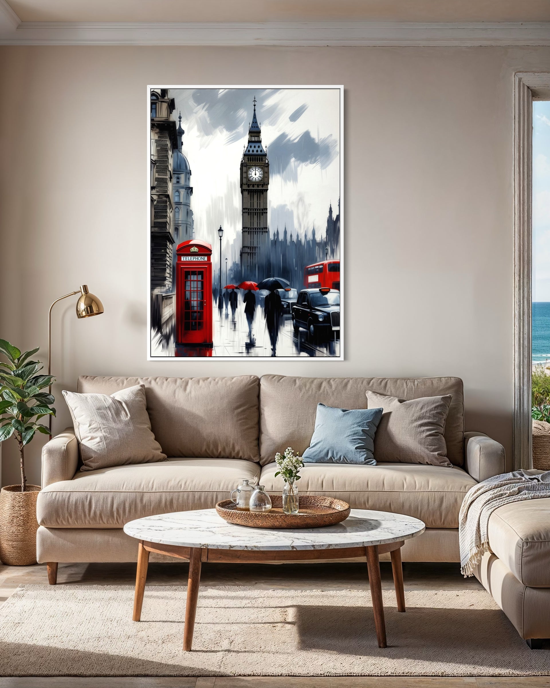 Rosso nel Grigio: stampa incorniciata con bus rossi e Big Ben su sfondo grigio