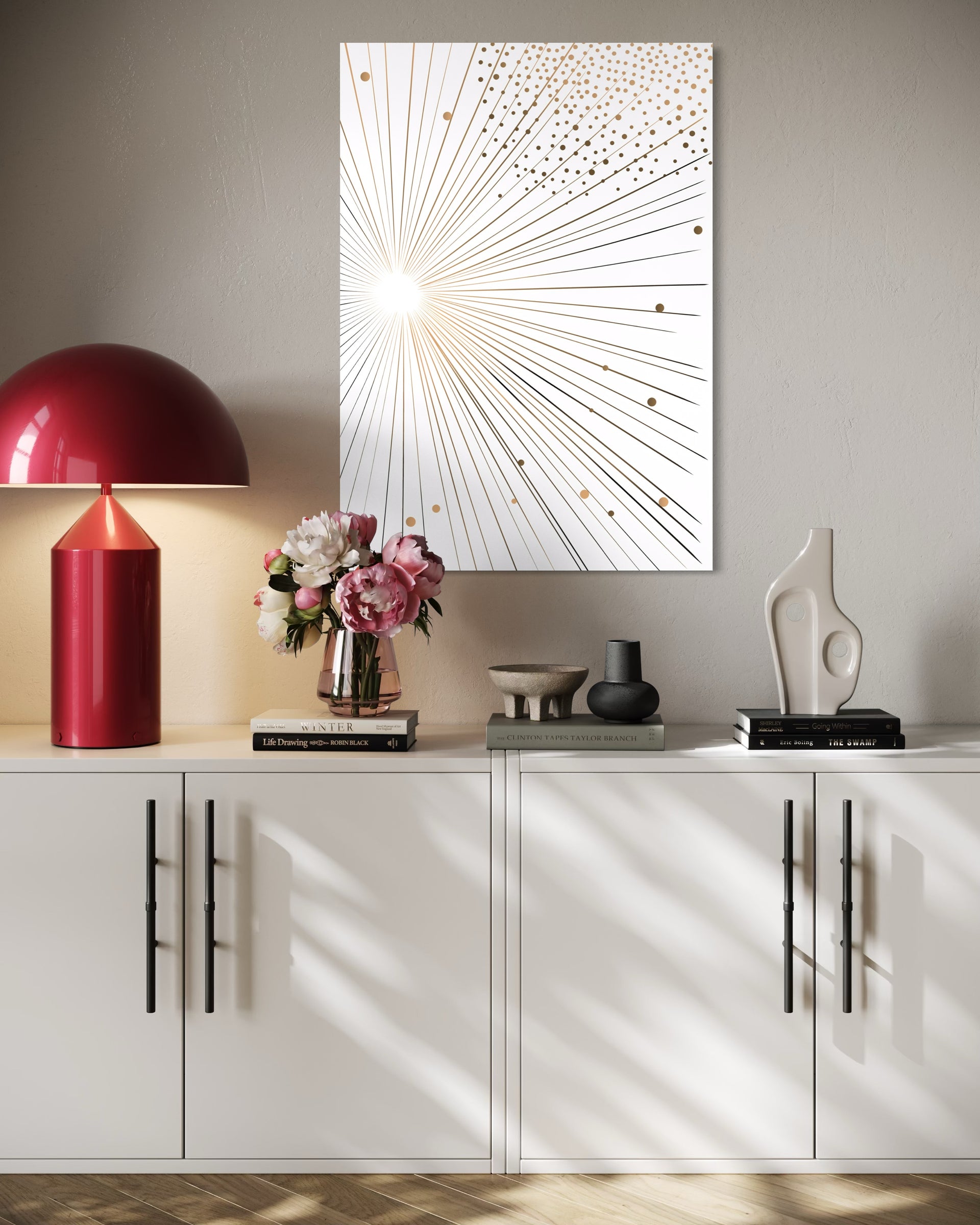 Tunnel decorativo con linee convergenti e punti dorati, su sfondo bianco