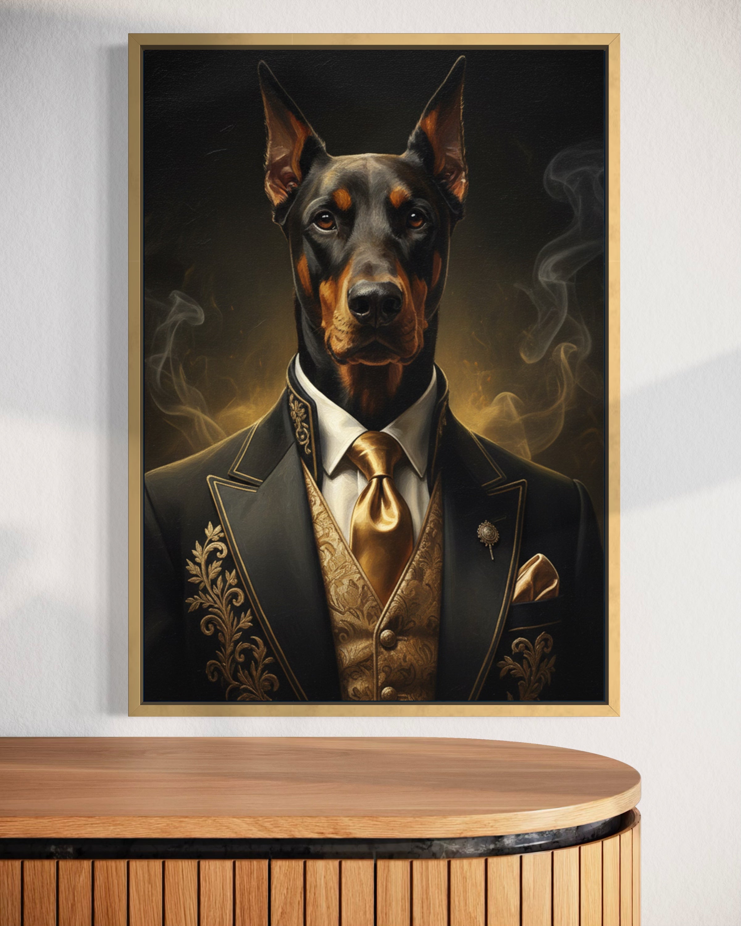 Quadro con cane in abito elegante e papillon dorato, cornice nera.