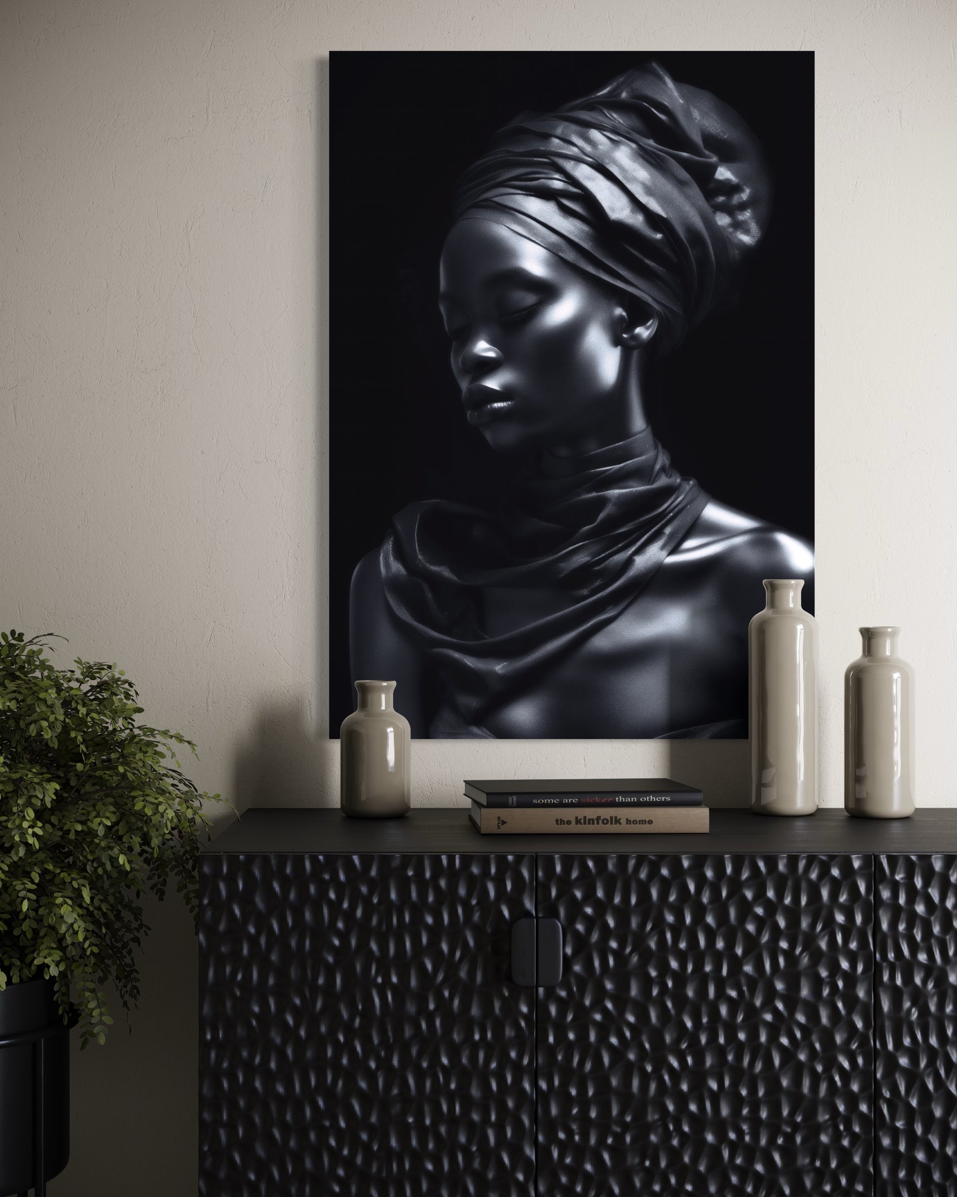 Stampa Silver Africa: busto di donna africana effetto argento