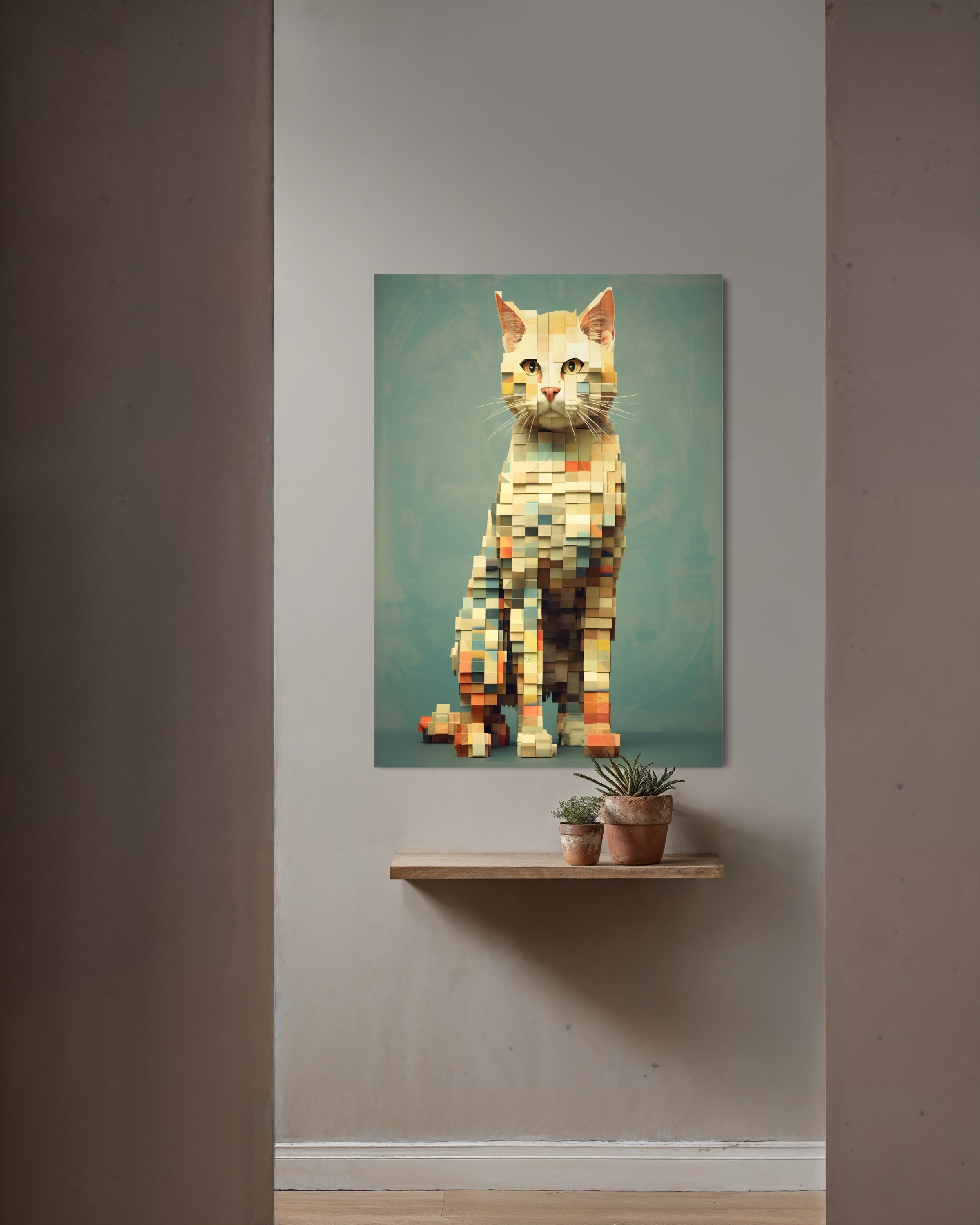 Essenza Cubista: gatto in stile cubista con telaio scuro, composizione geometrica colorata.