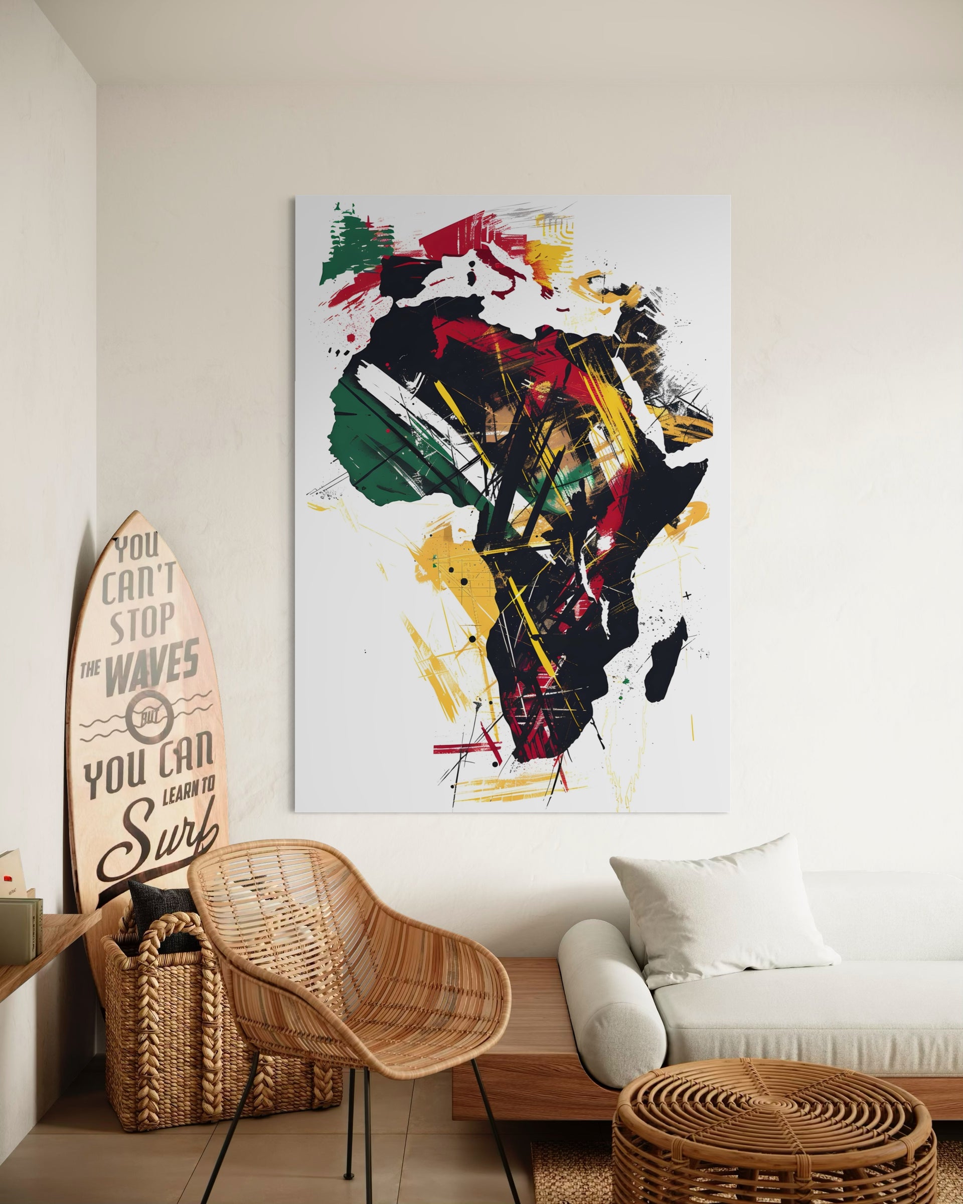 Africa astratta con silhouette, nero rosso giallo e verde su sfondo bianco