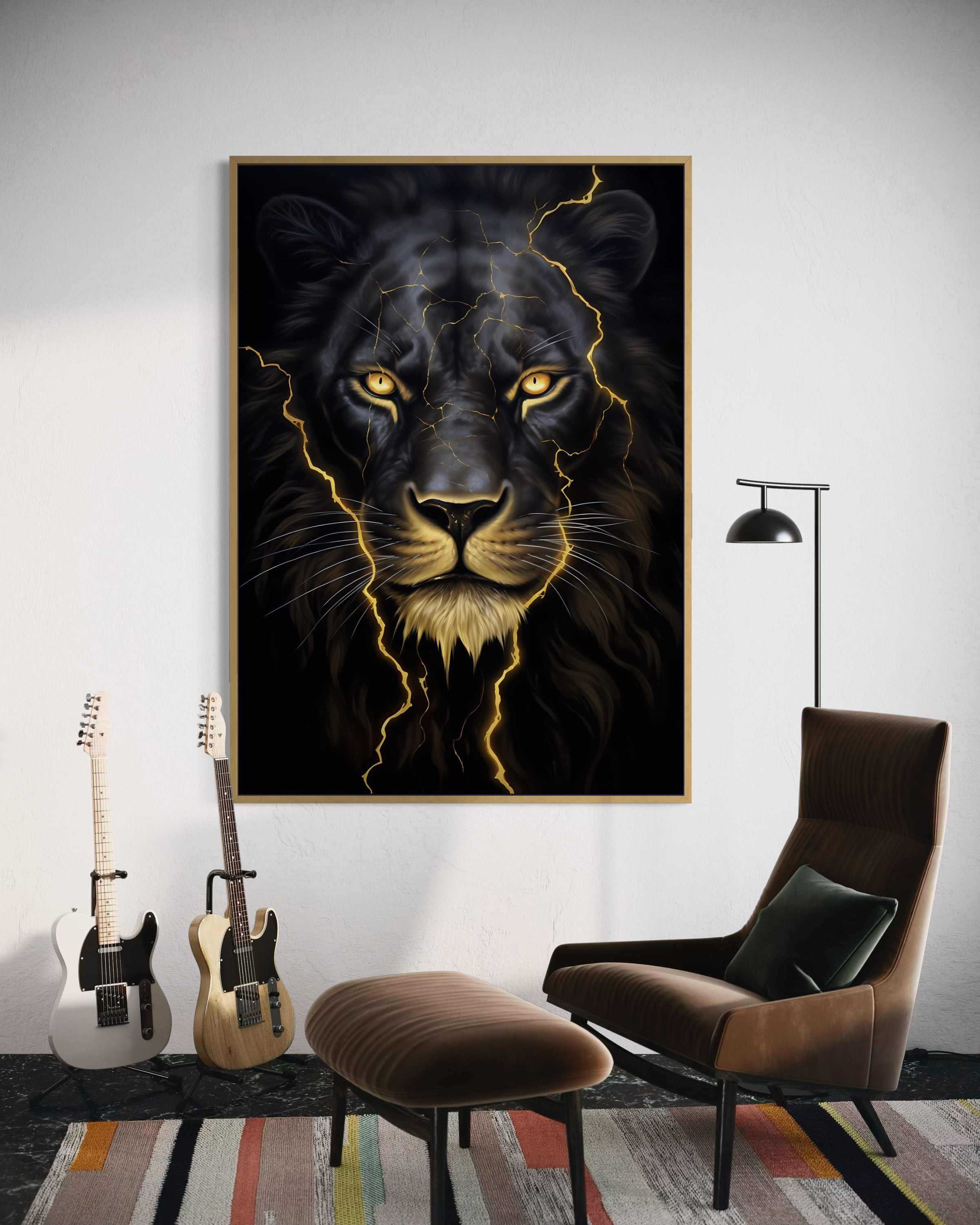 Fulmine felino: ritratto di pantera con linee luminose, cornice scura.