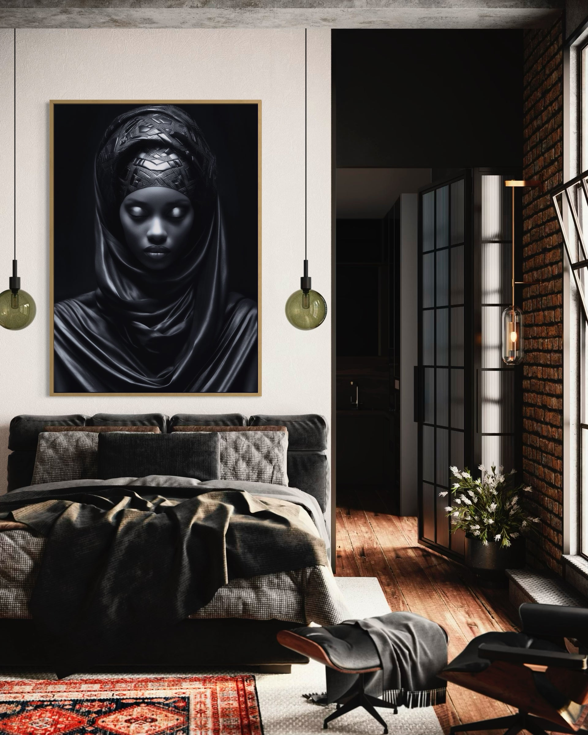 Mystic Africa: stampa incorniciata con volto femminile incappucciato scuro