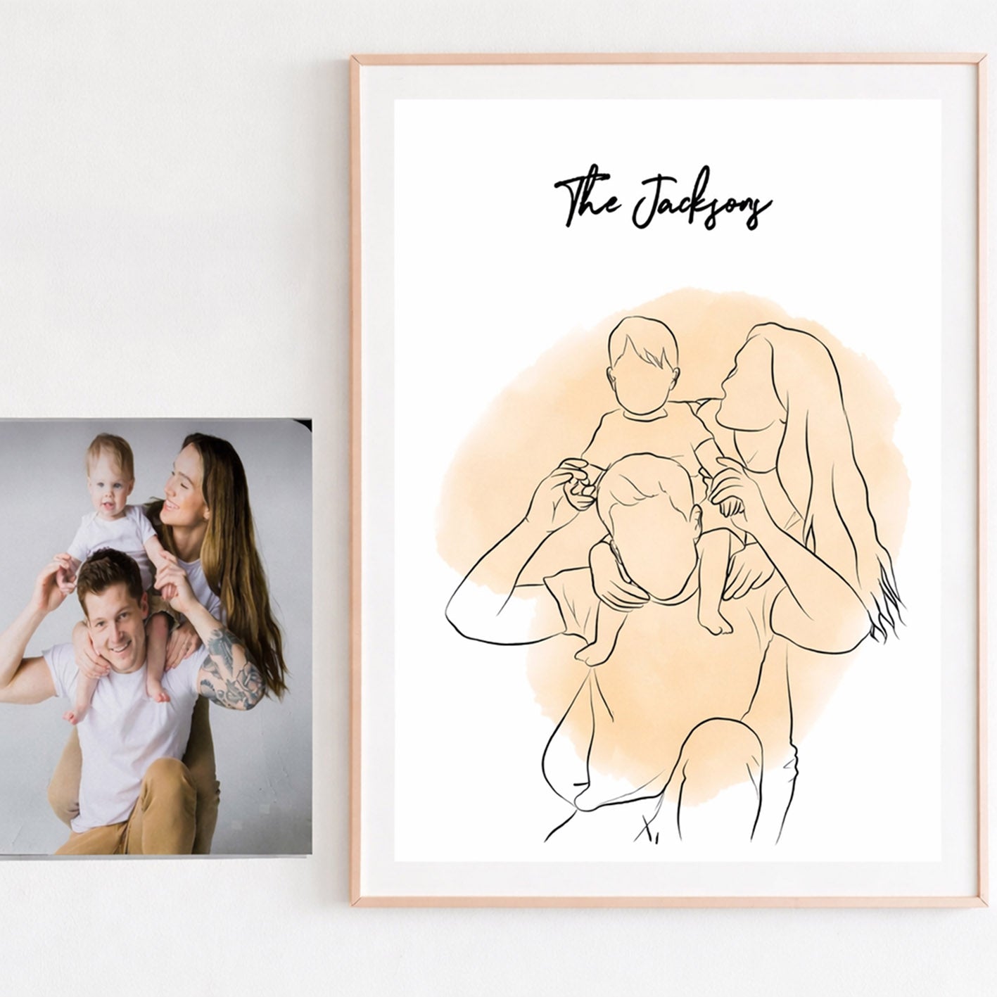 Quadro personalizzato: illustrazione a linee di famiglia, cornice chiara.