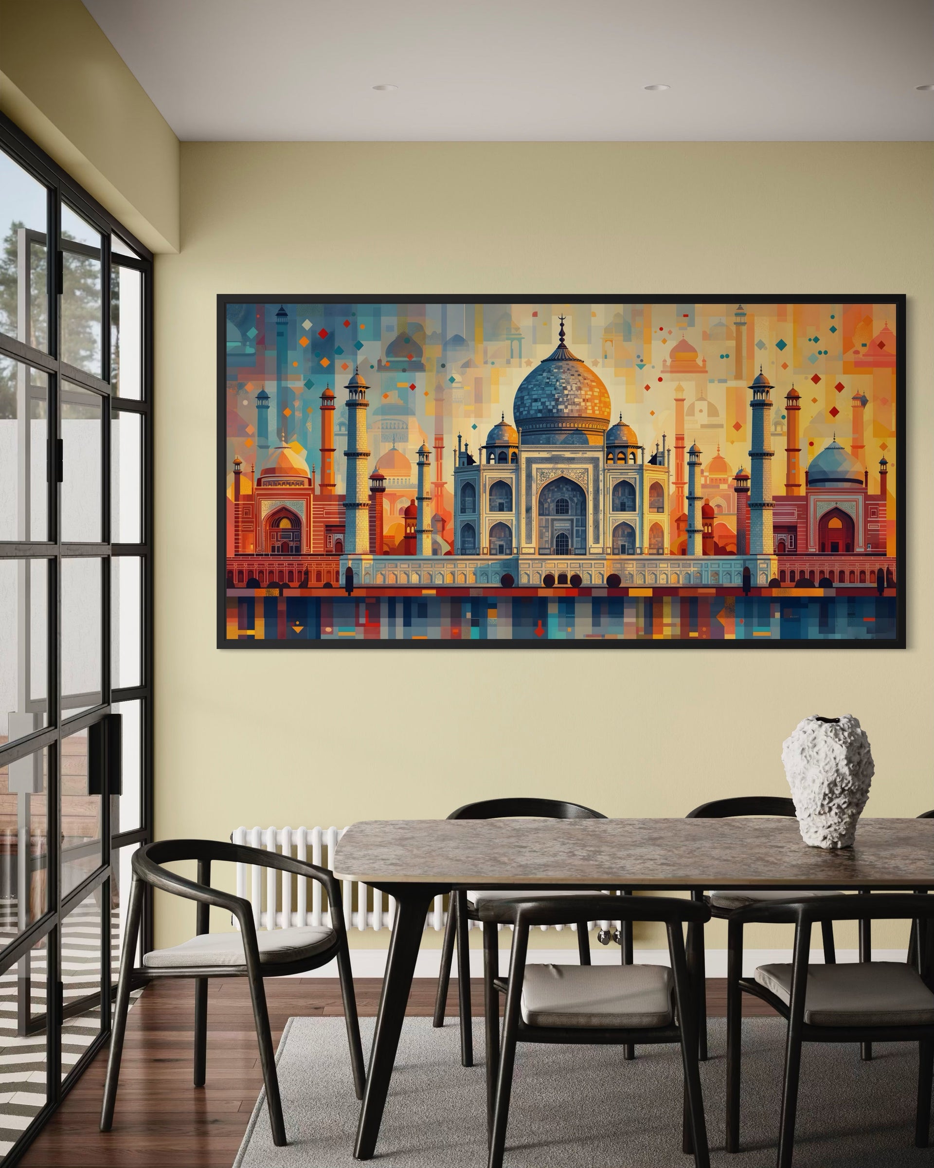 Quadro Taj dorato con cornice nera e cupola centrale dorata, sfondo architettonico colorato