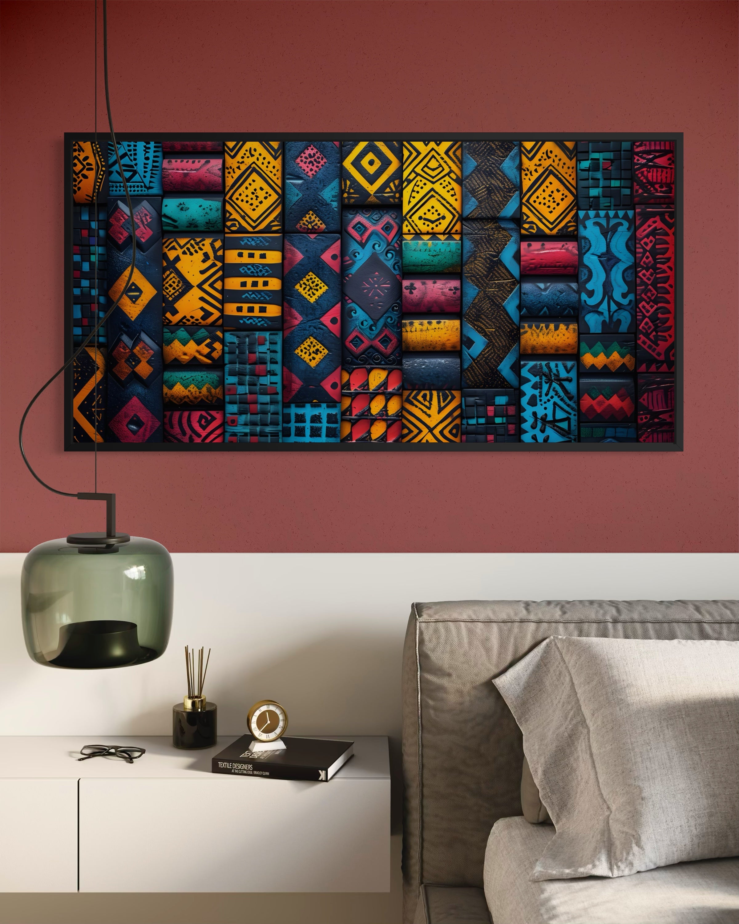 Pattern Africano: quadro con motivo africano geometrico multicolore in cornice scura