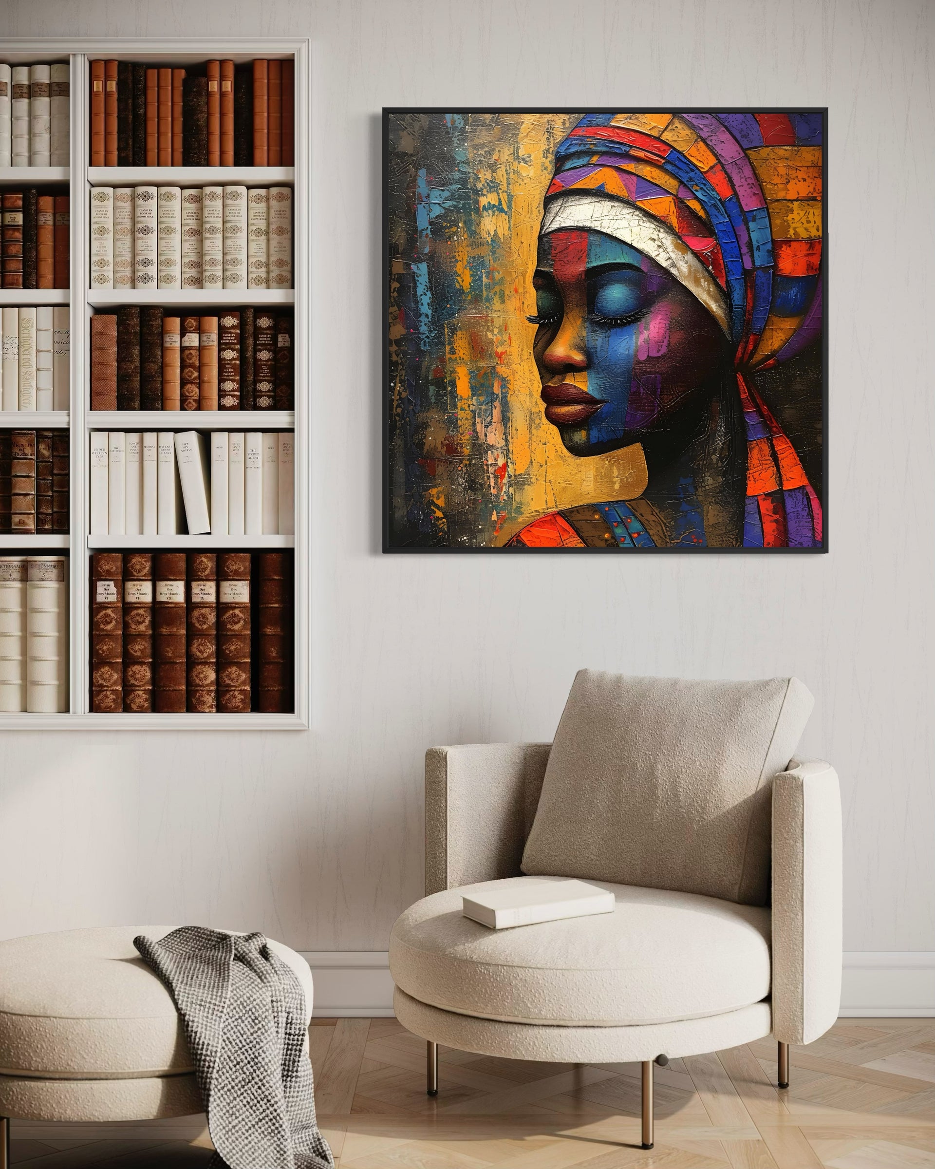Africa color con telaio nero, ritratto africano multicolore su tela quadrata