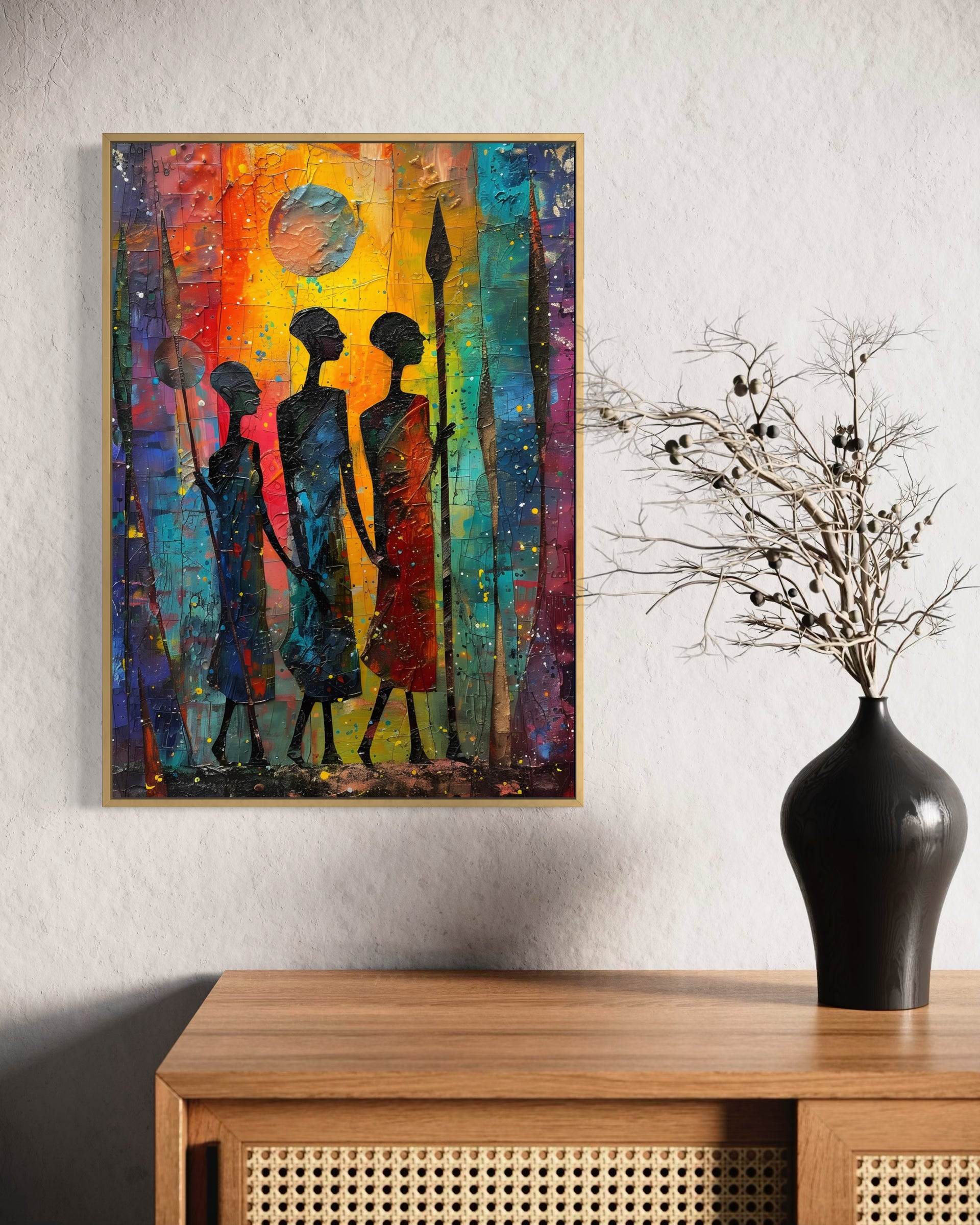 Quadro astratto con figure stilizzate, cornice oro