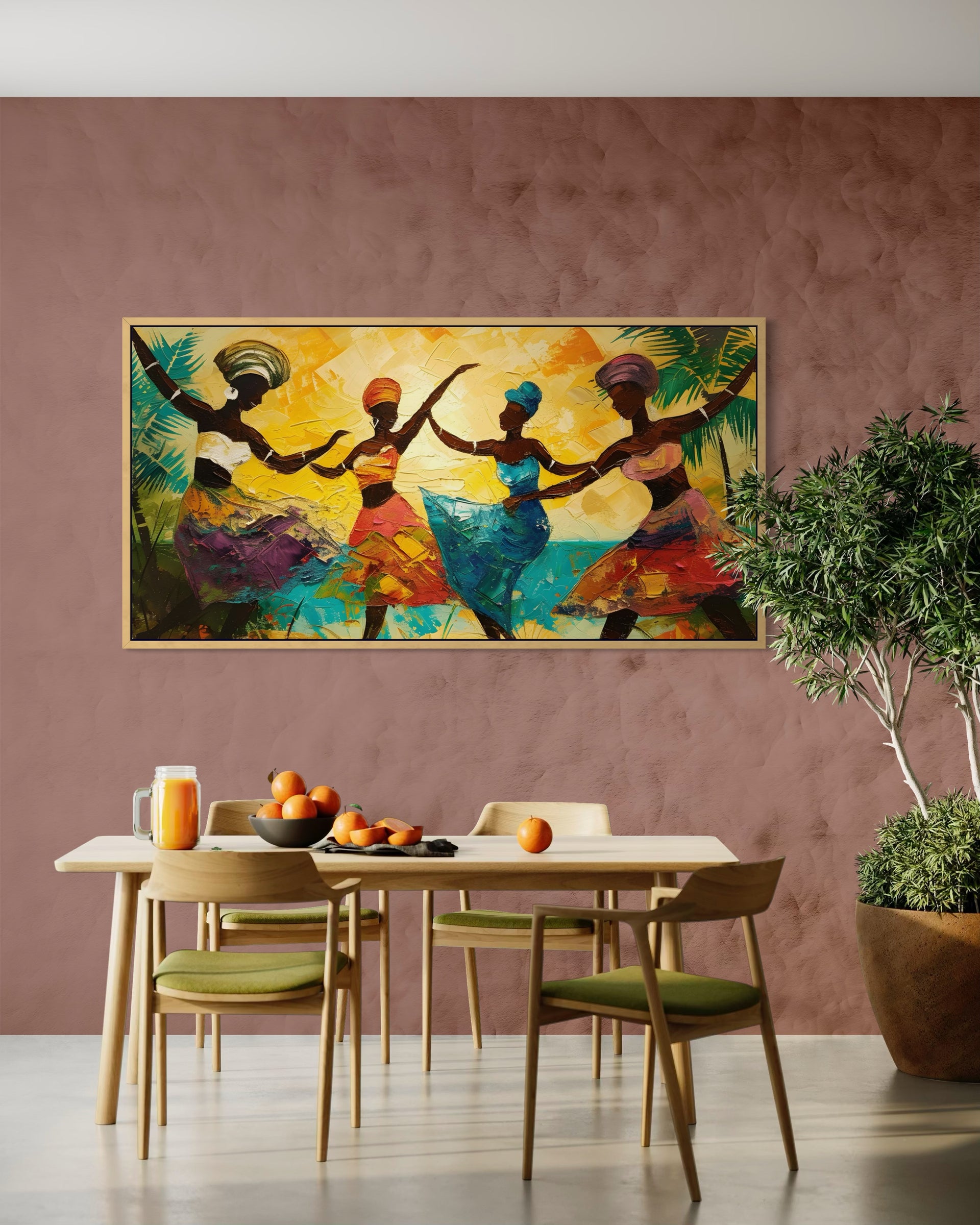 Danza tribale: quadro con danzatori colorati, cornice sottile
