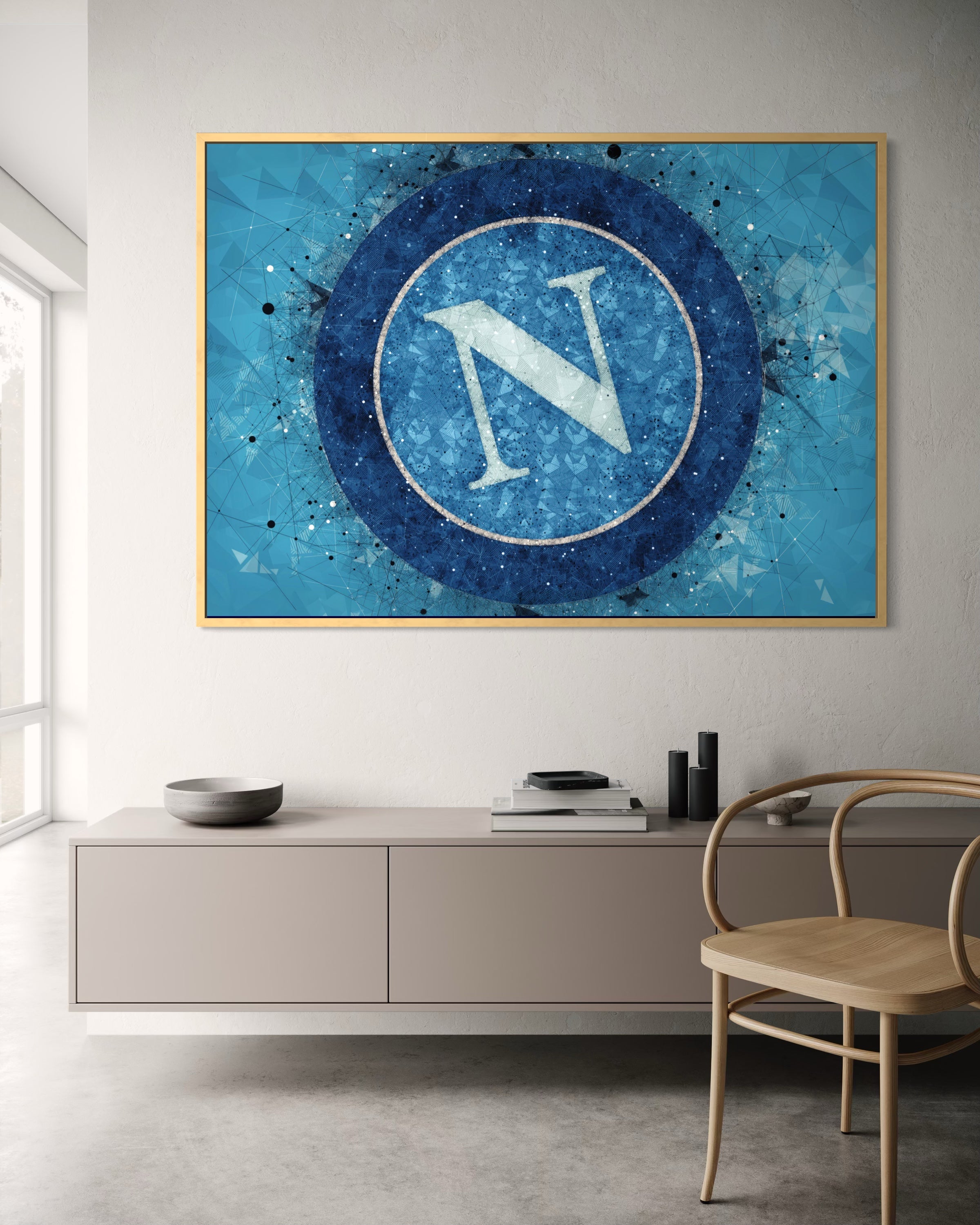 Forza Napoli con effetto macchie blu e turchese e logo N centrale in cerchio