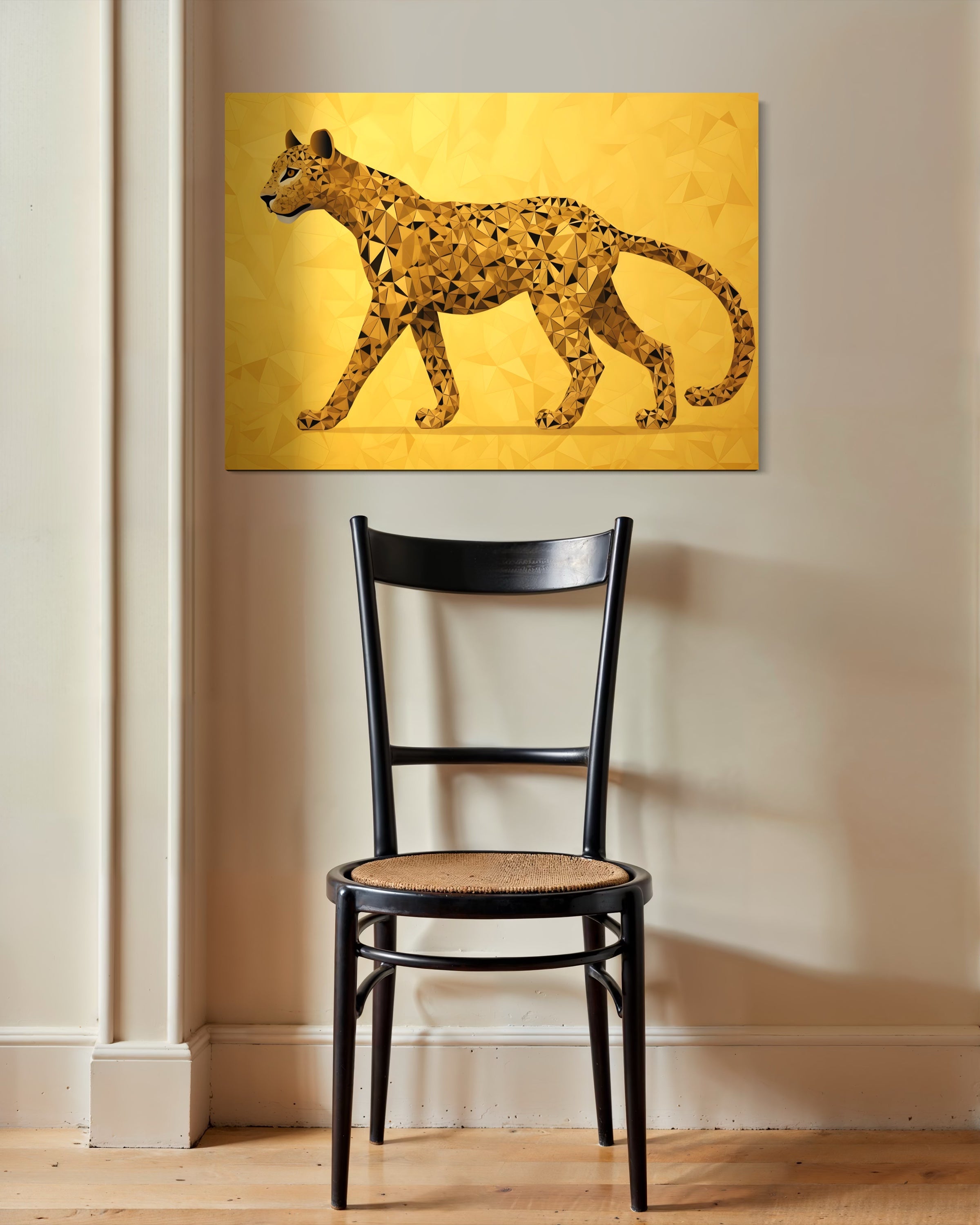 Velocità Cristallizzata: quadro con leopardo geometrico dorato su cornice oro.