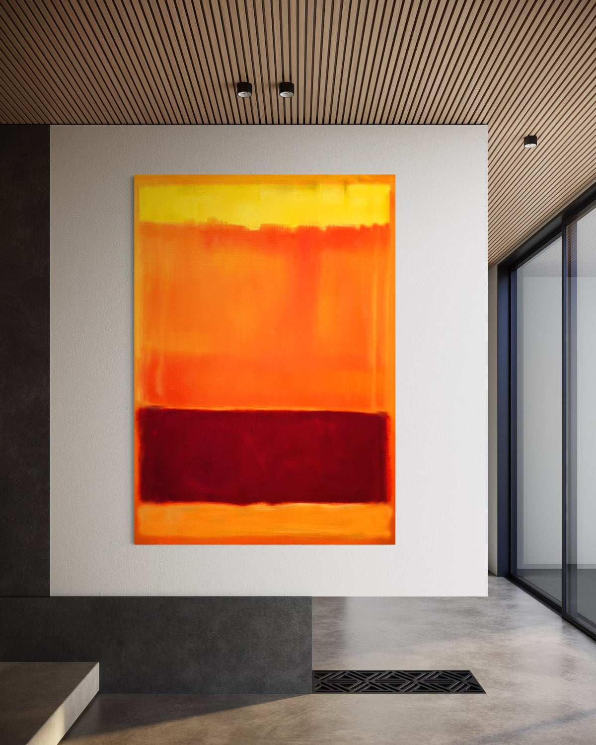 Stampa d’arte astratta incorniciata, arancio con striscia gialla e fascia rossa in basso