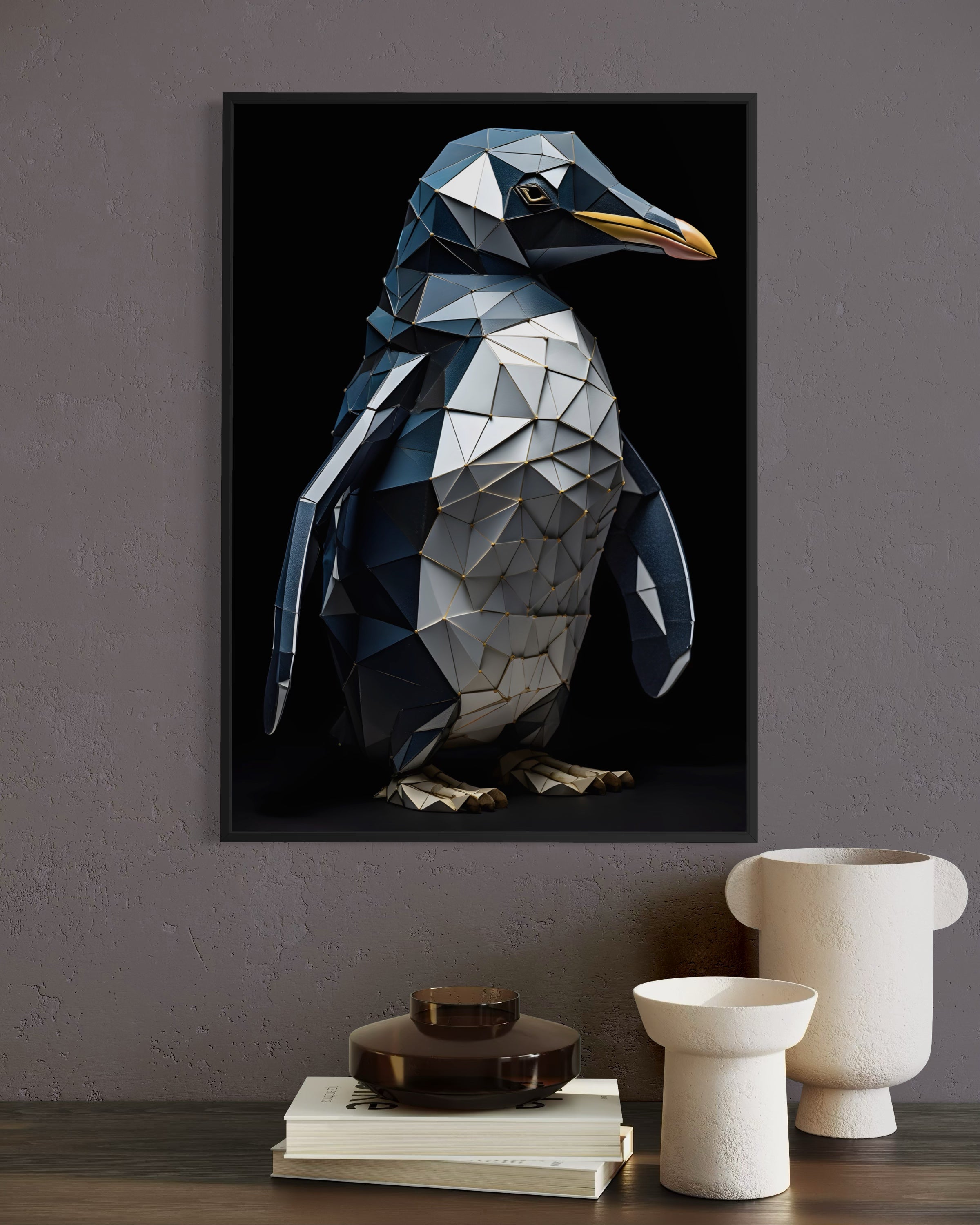 Stampa incorniciata con pinguino geometrico blu e bianco su fondo scuro, telaio nero