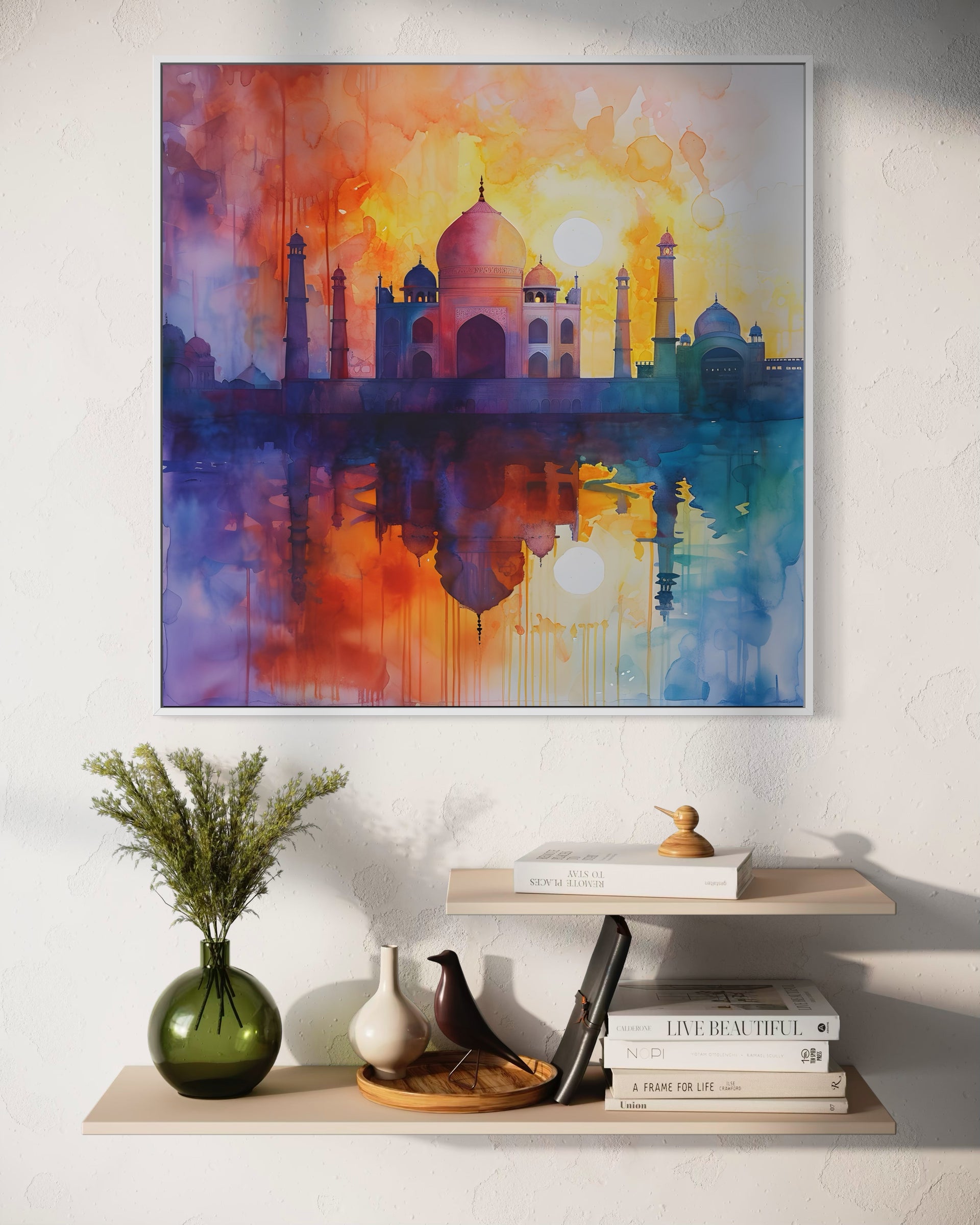 Quadro Taj color con cornice, illustrazione astratta del Taj Mahal in colori vivaci