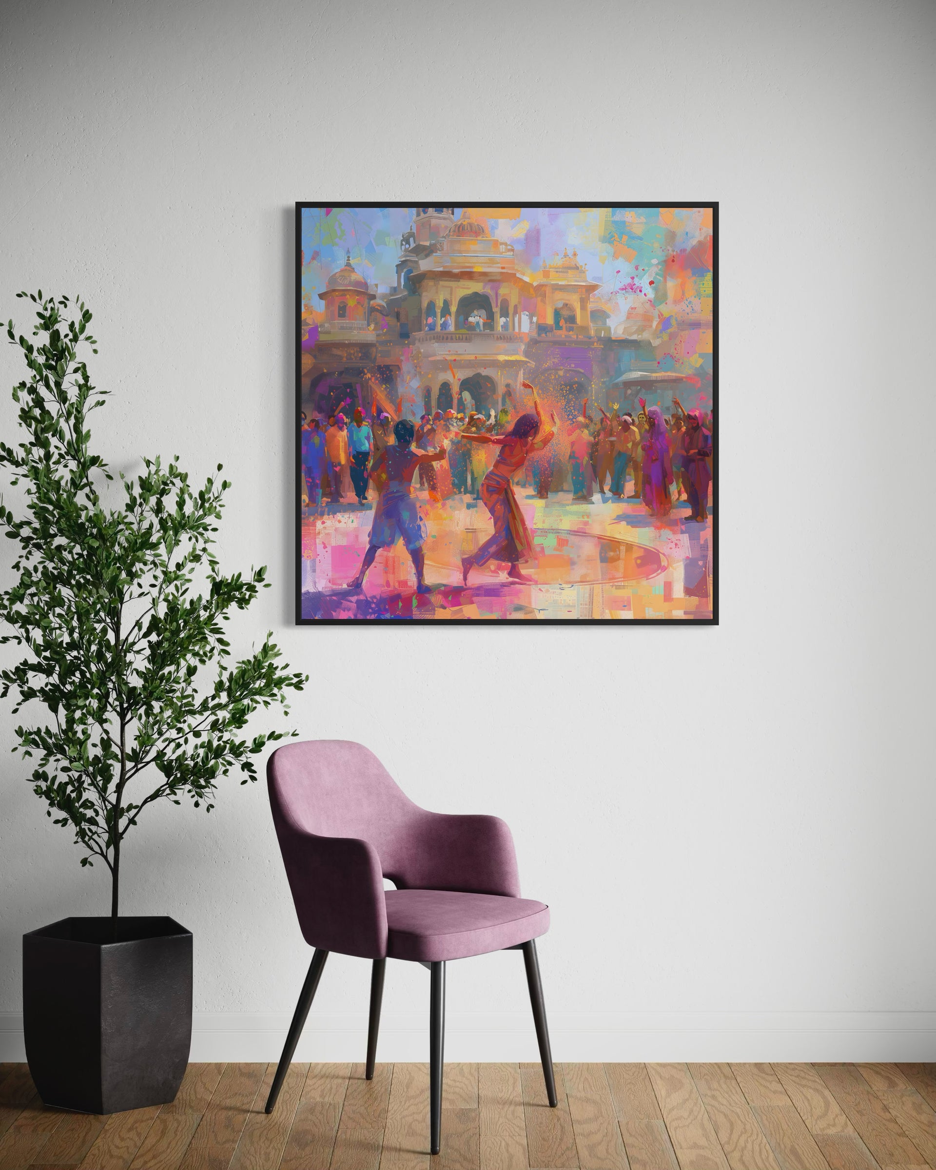 Danza al tempio con cornice nera, scena colorata e dettagli architettonici