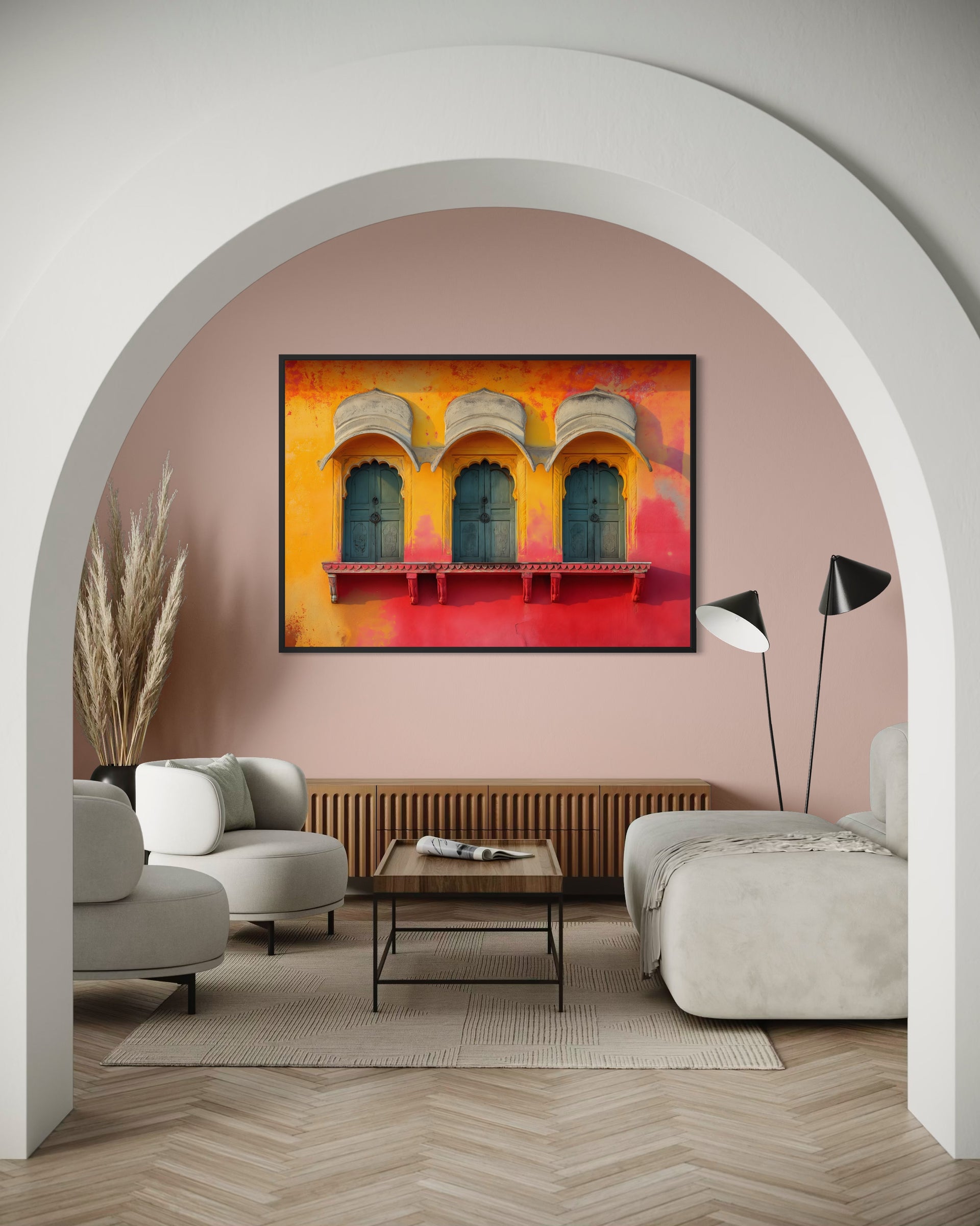 Quadro Vivere con cornice nera e illustrazione di tre porte su sfondo giallo arancio