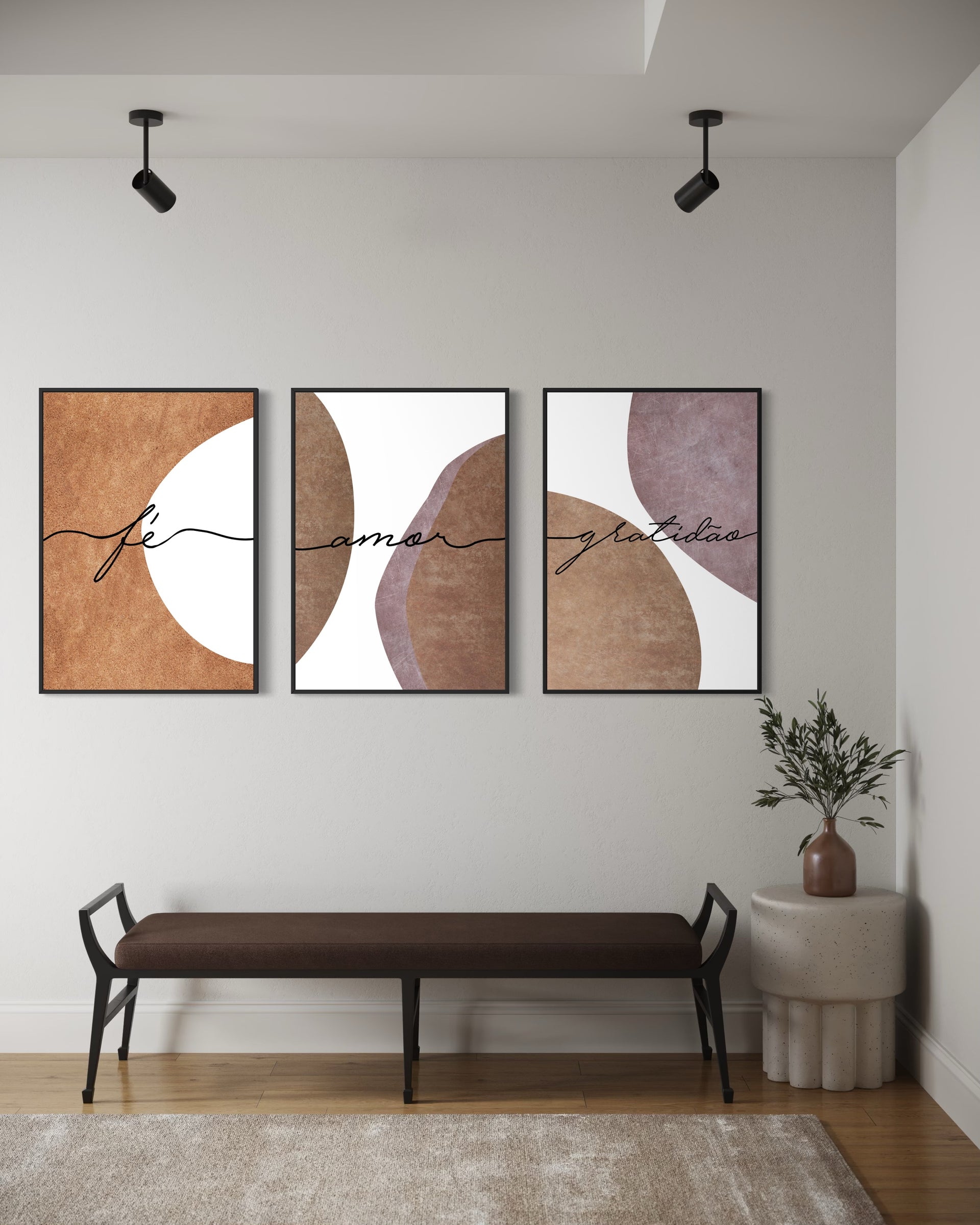 Poetic line: trittico di quadri con cornice nera, forme astratte e scritte cursive