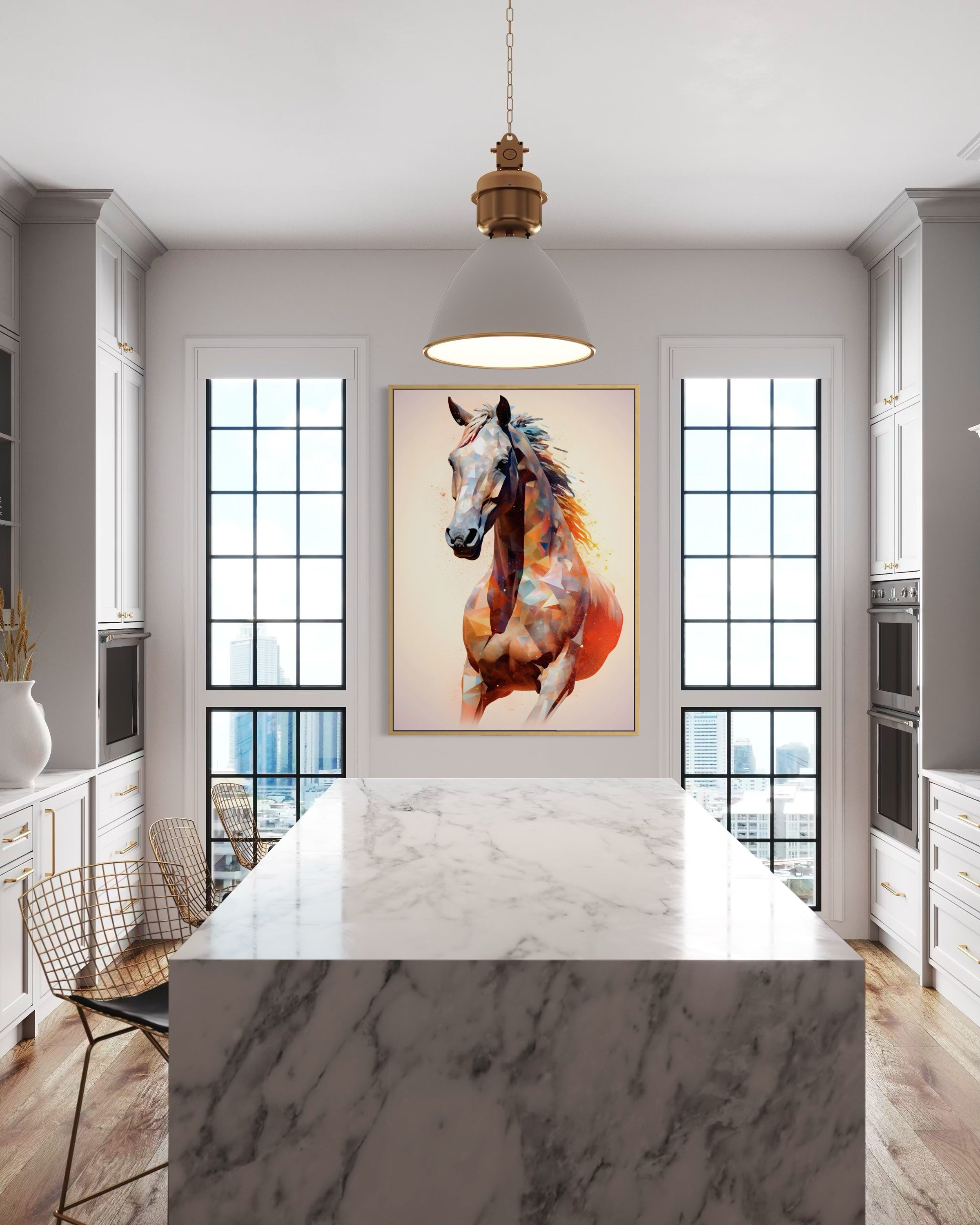 Spirito libero, quadro con cavallo in silhouette multicolore e cornice dorata