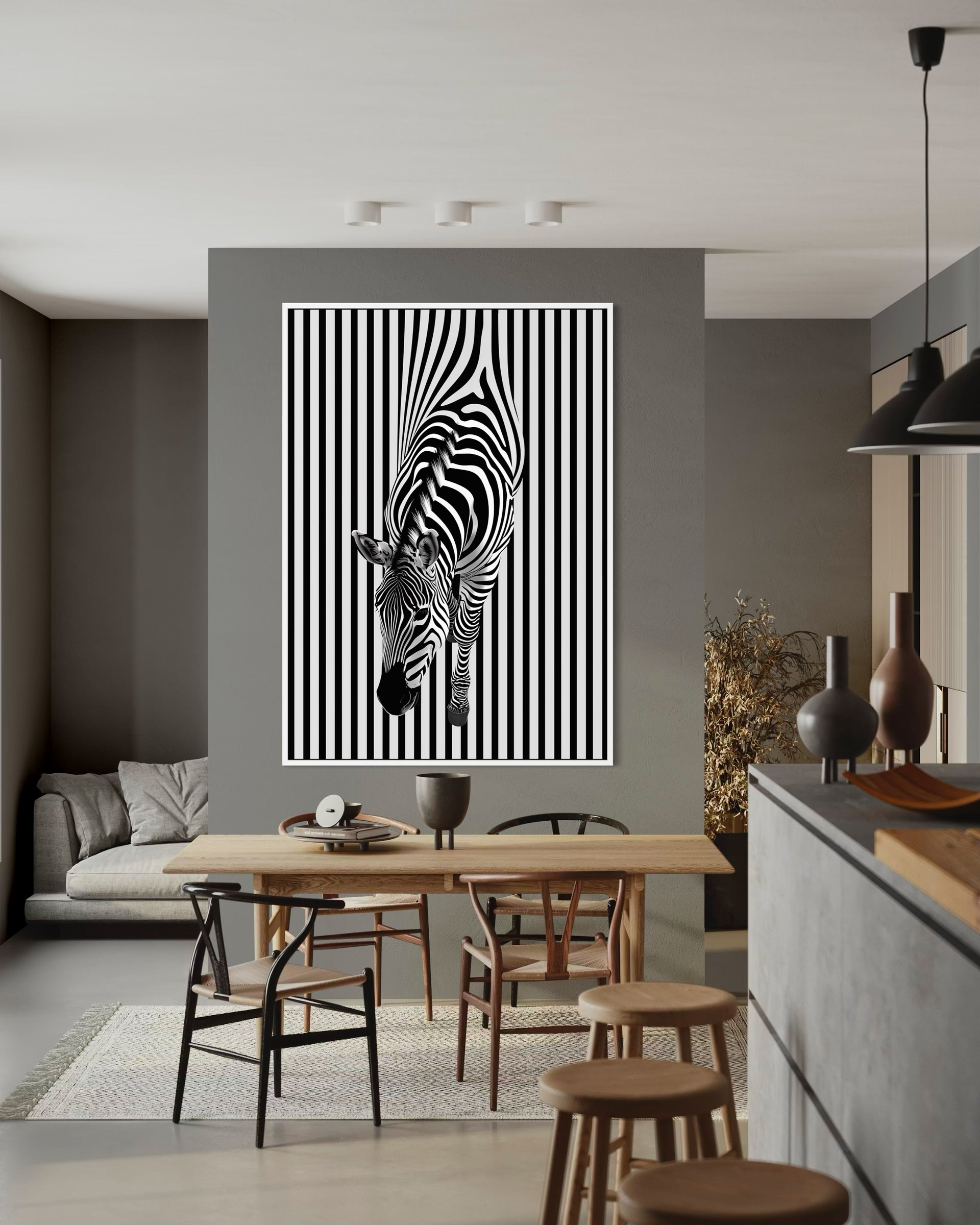Stampa incorniciata con zebra a righe, cornice nera, design astratto
